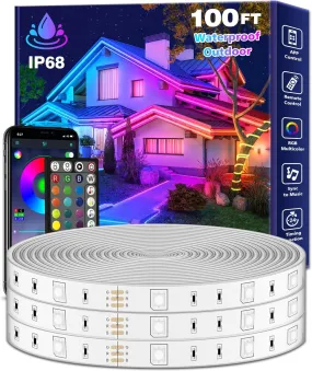 100Ft Outdoor LED Strip Lights Waterproof,Music Sync RGB IP65 outside Led Light Strips Waterproof with App and Remote,Exterior Led Rope Lights Waterproof for Deck,Balcony,Roof,Garden,Pool