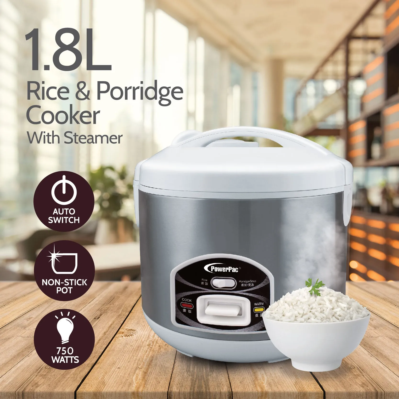 1.8L Rice Cooker with Porridge Function - Non-stick inner pot (PPRC42-Nonstick)