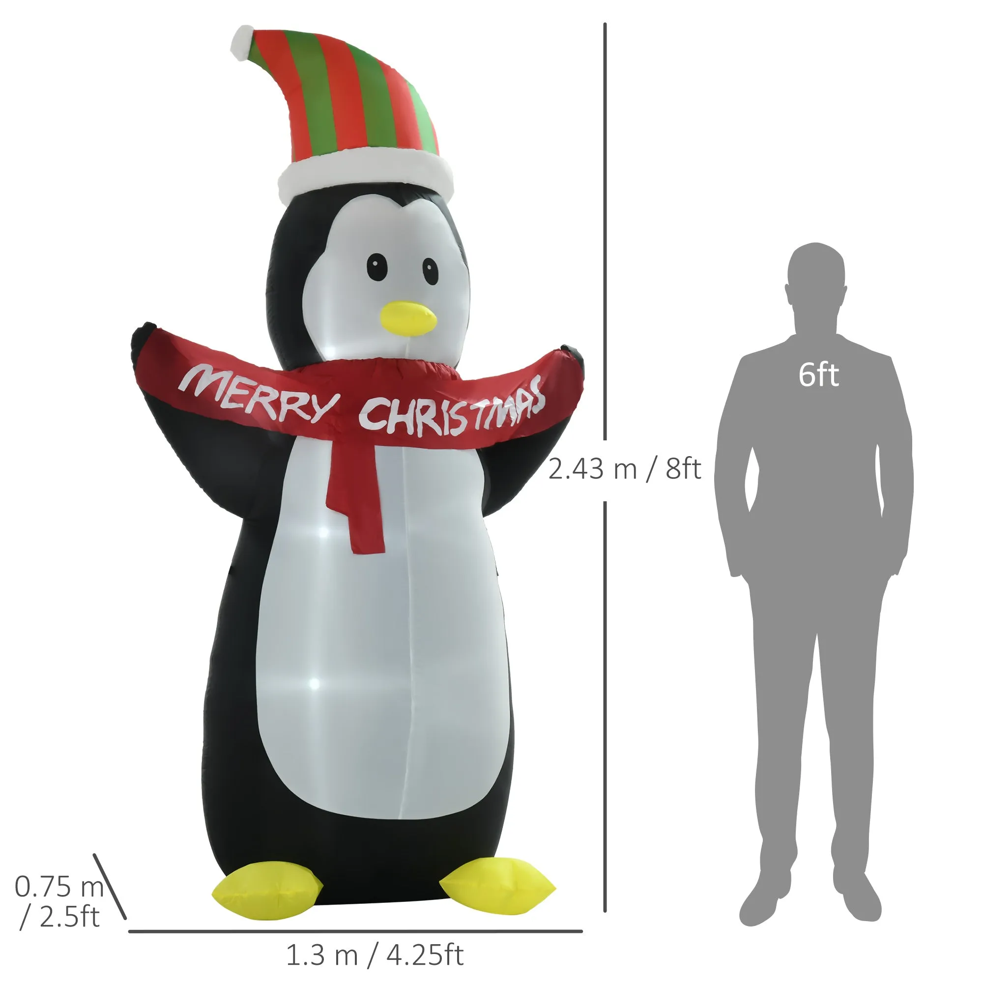 243cm Inflatable Penguin Holding Merry Christmas Banner Holiday Yard Decoration with LED Lights, Indoor Outdoor Lawn Blow Up Decor