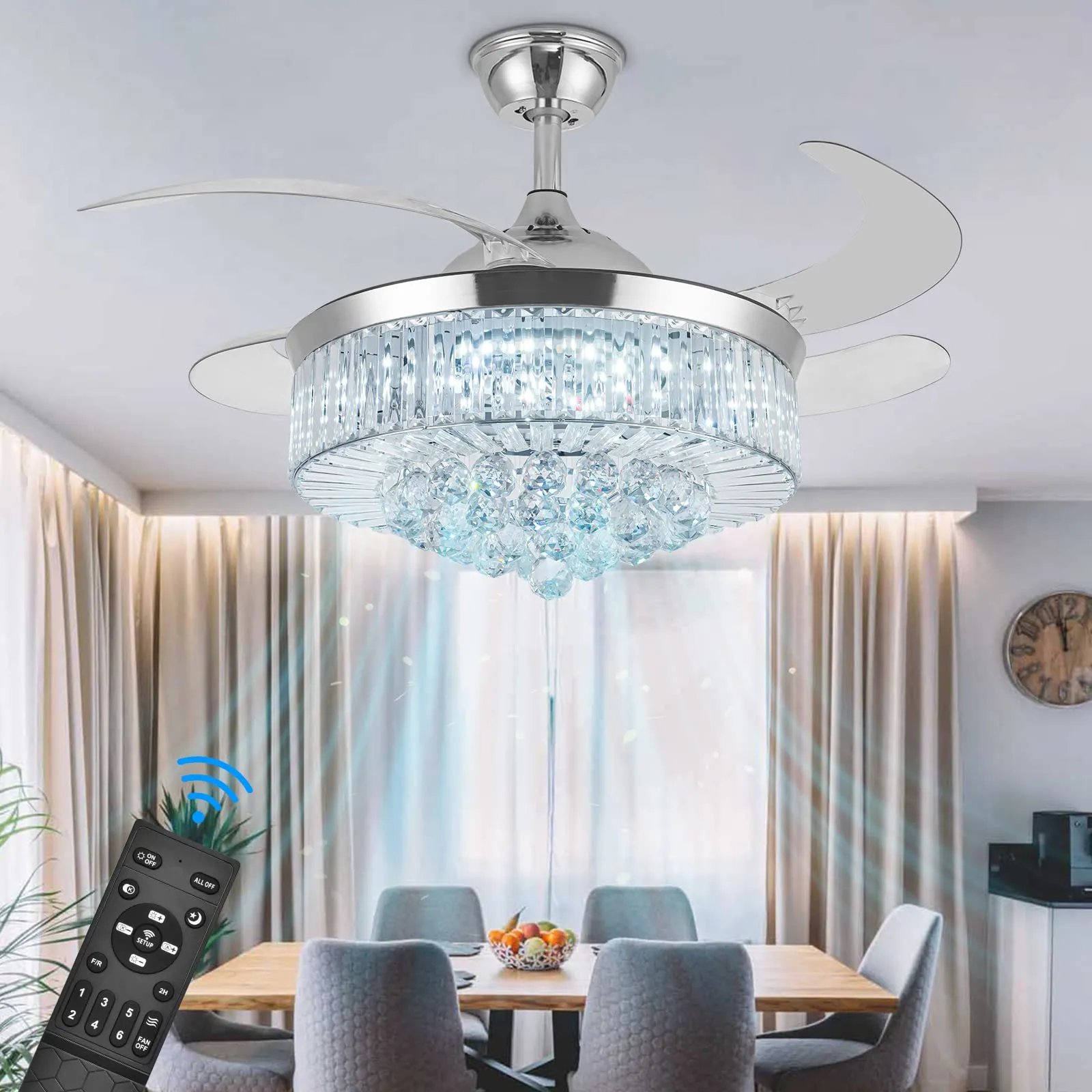 36 Inch Crystal Ceiling Fans with Lights, Modern Dimmable Fandelier LED Remote Control Retractable Invisible Blades Indoor Reversible Ceiling Light Kits with Fans for Decorate Living Room Bedroom