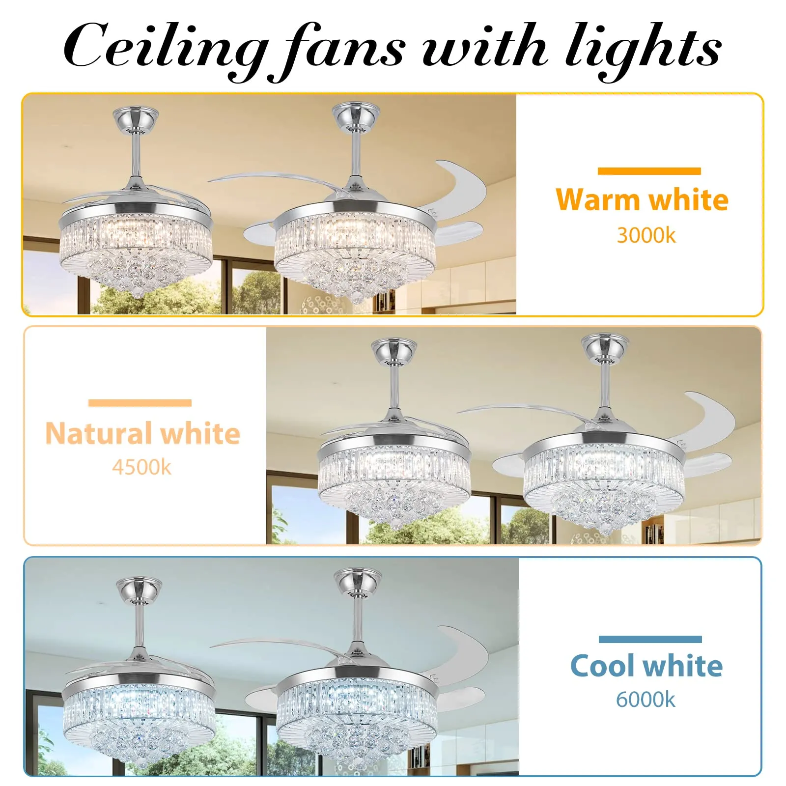 36 Inch Crystal Ceiling Fans with Lights, Modern Dimmable Fandelier LED Remote Control Retractable Invisible Blades Indoor Reversible Ceiling Light Kits with Fans for Decorate Living Room Bedroom