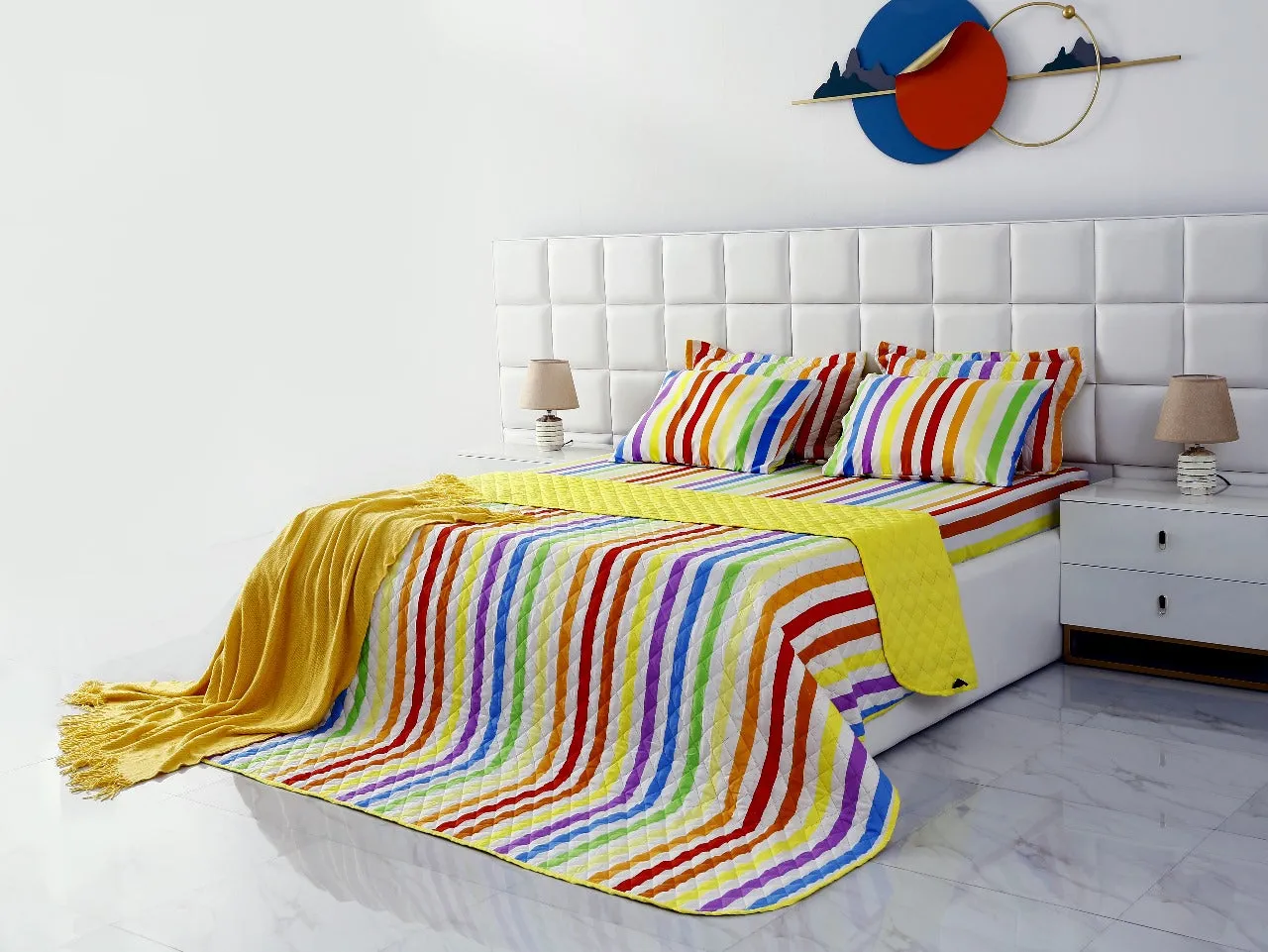 6 PCs Bed Spread Set-Multi Stripe(Yellow)