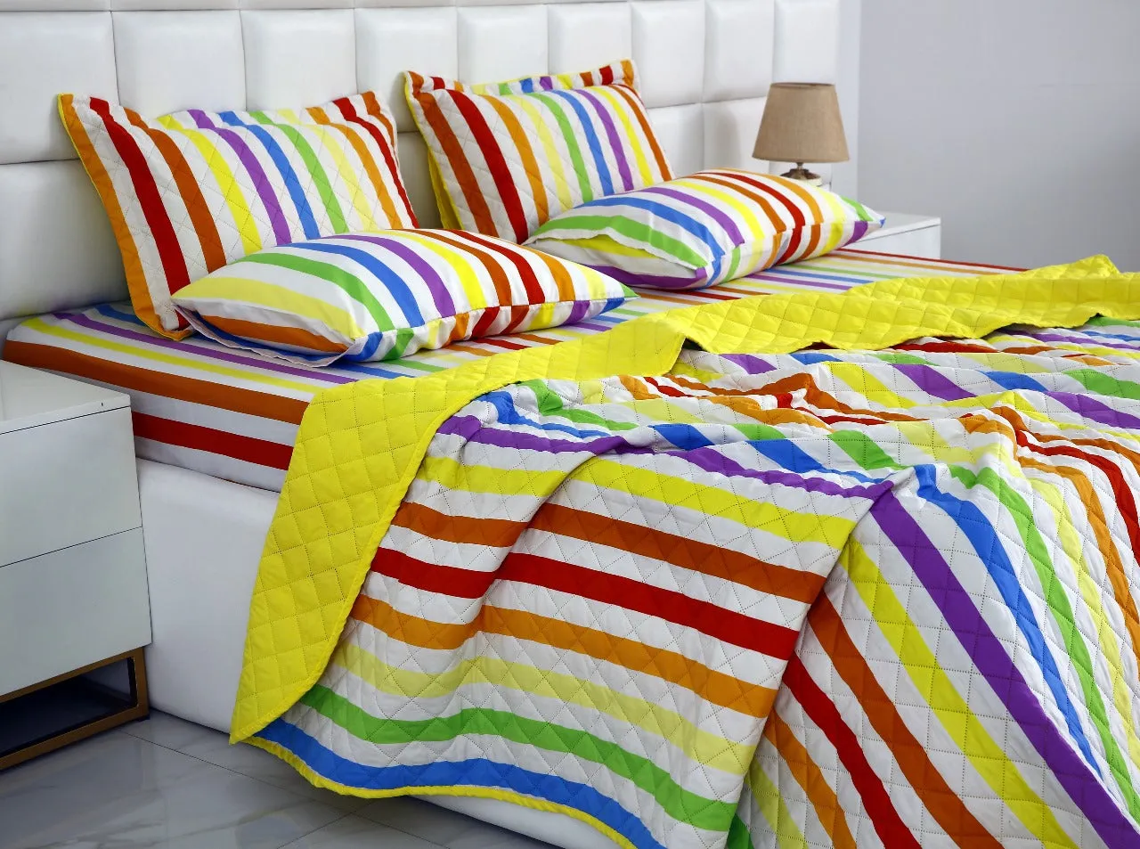 6 PCs Bed Spread Set-Multi Stripe(Yellow)