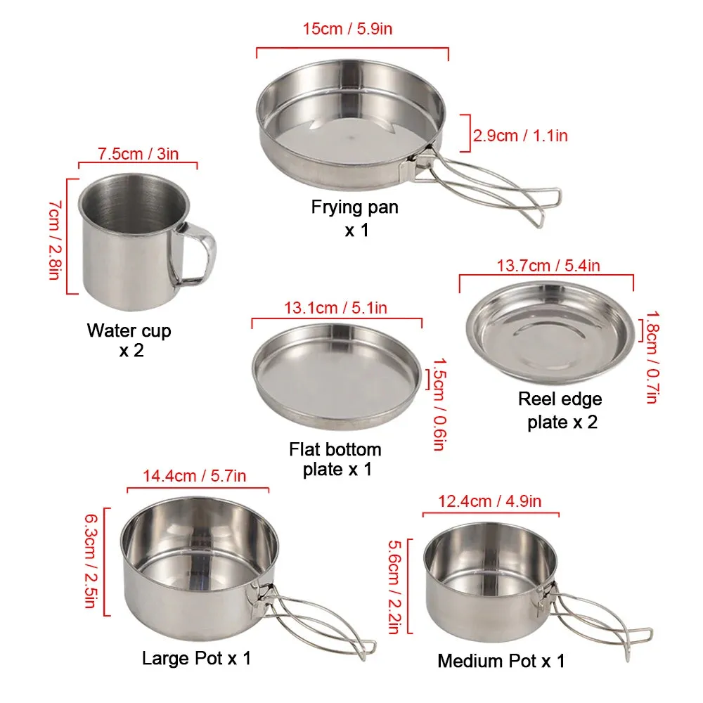 8pcs/Set Camping Cookware Mess Kit Stainless Steel Cooking Pot and Pan Set with Plates Cups for Outdoor Hiking Backpacking