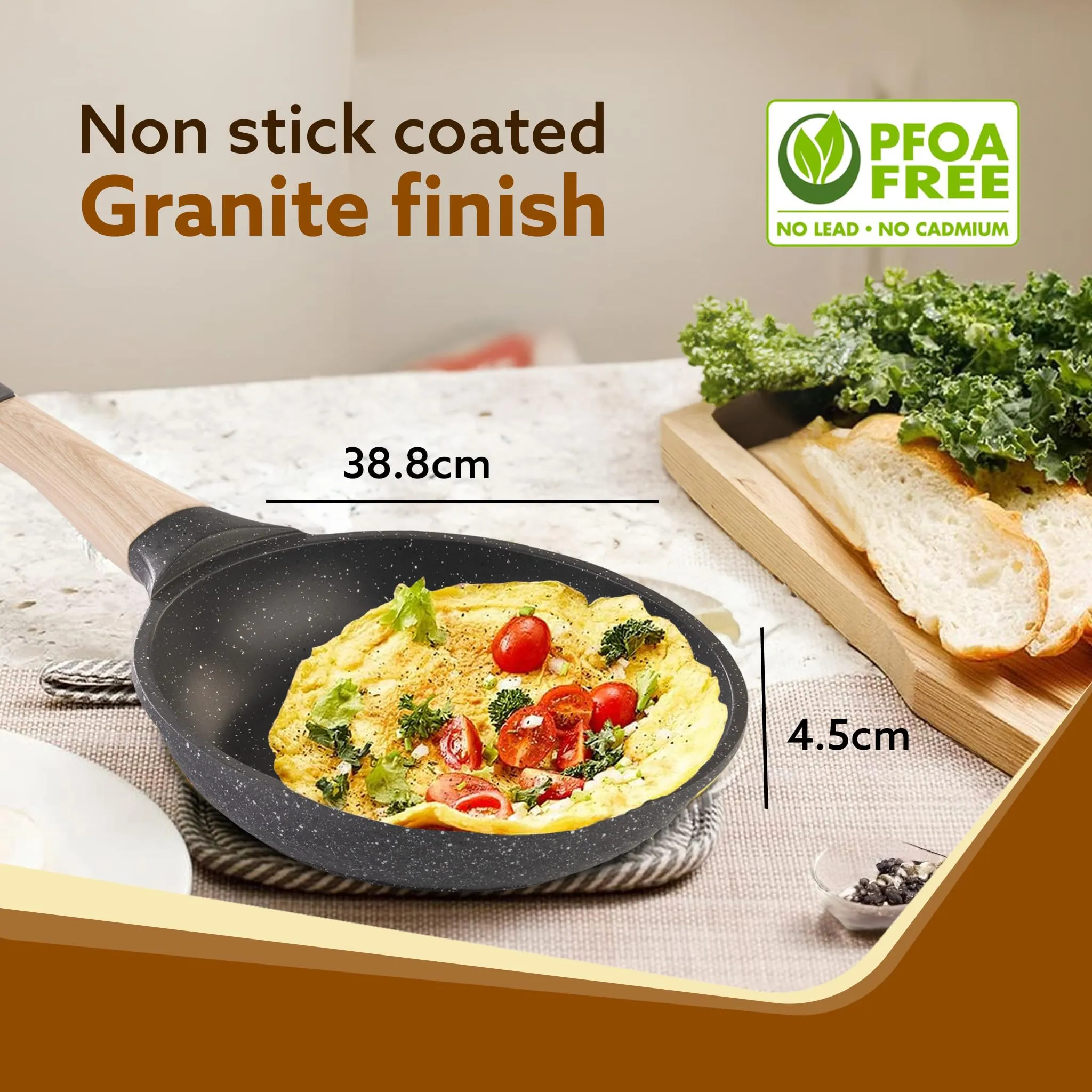 AGARO Imperial Granite Non Stick Fry Pan, 1.1L / 20cm, Cast Aluminium Body, Omlette Egg Pan, Fish Fry Pan, Gas & Induction Compatible, Dark Grey