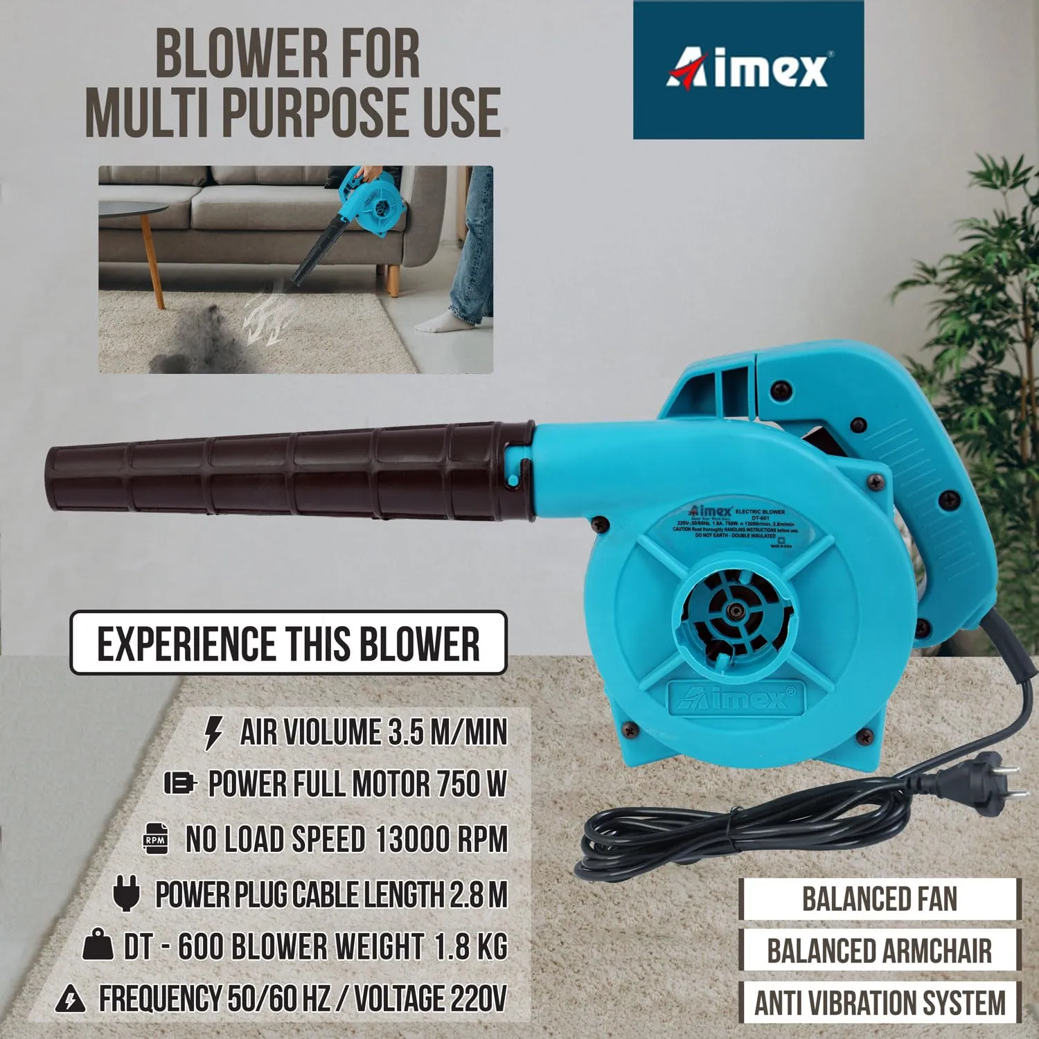 Aimex DT-601 Electric Air Blower, Blow Rate 3.5 m3/Min, Heavy Motor, 13000 RPM, Professional Quality, Clears Away Dust Particles from Furniture, Cars, Windows & Other Rigid Surfaces, 2.8 M Wire