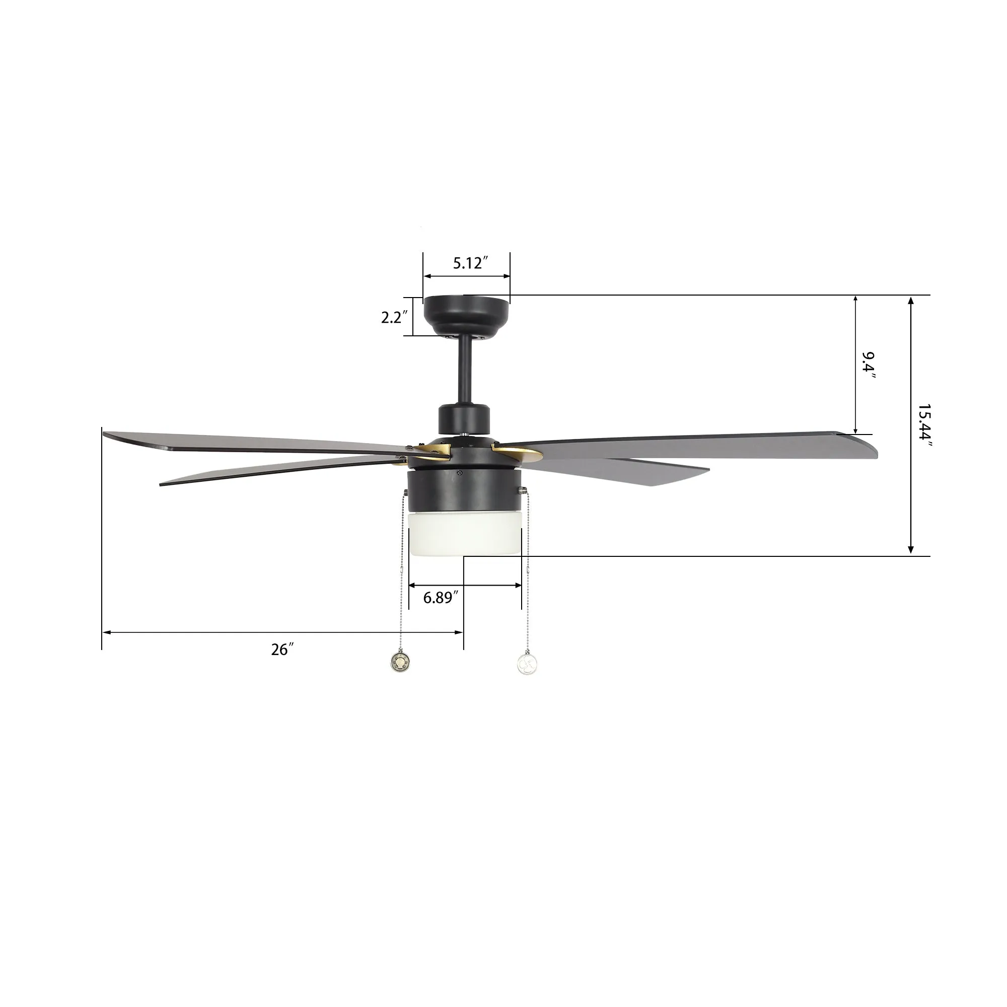 AMALFI 52 inch 4-Blade Ceiling Fan with Pull Chain - Black/Black (Gold Detail)