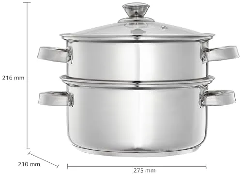 Amazon Brand - Solimo Stainless Steel Idli Cum Modak Maker with Glass lid, Induction base (20cm, 3L)