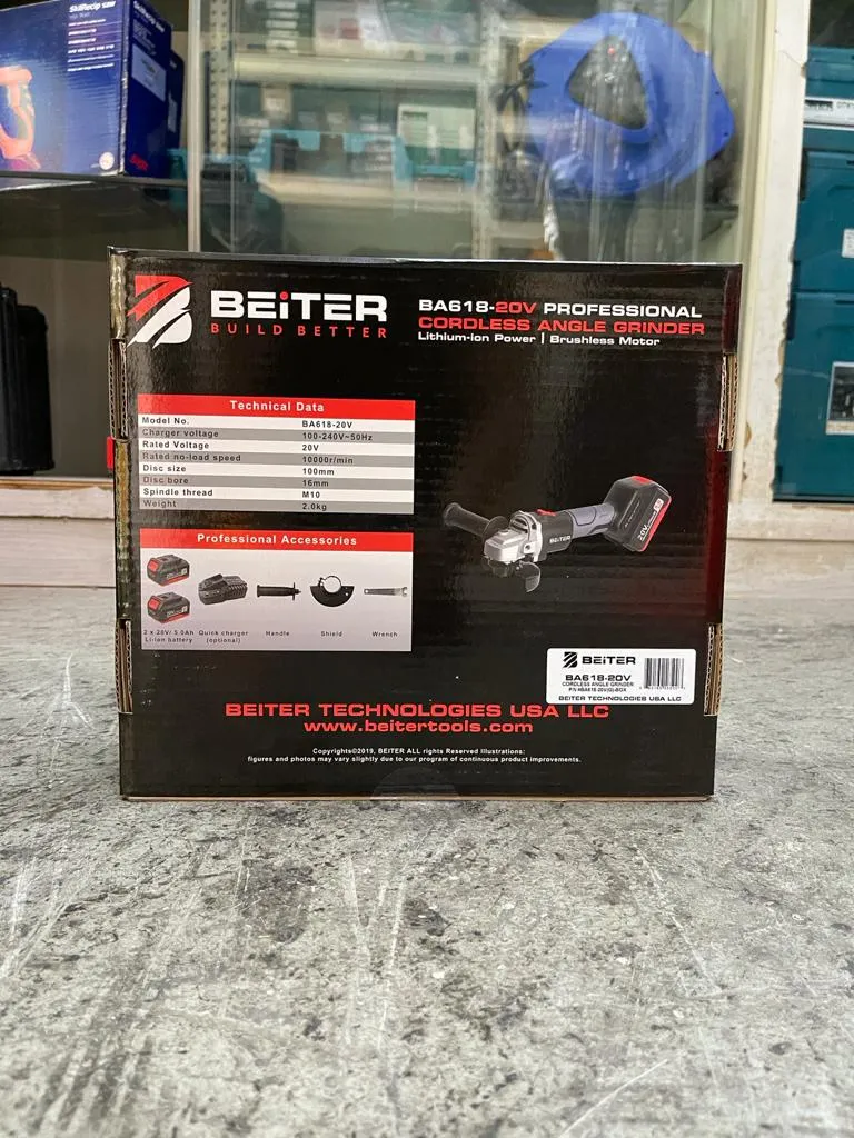 Beiter BA618-20V Cordless Angle Grinder 20V Brushless with 5.0Ah Batt Li-Ion 4" & Charger | Model : BA618-20V