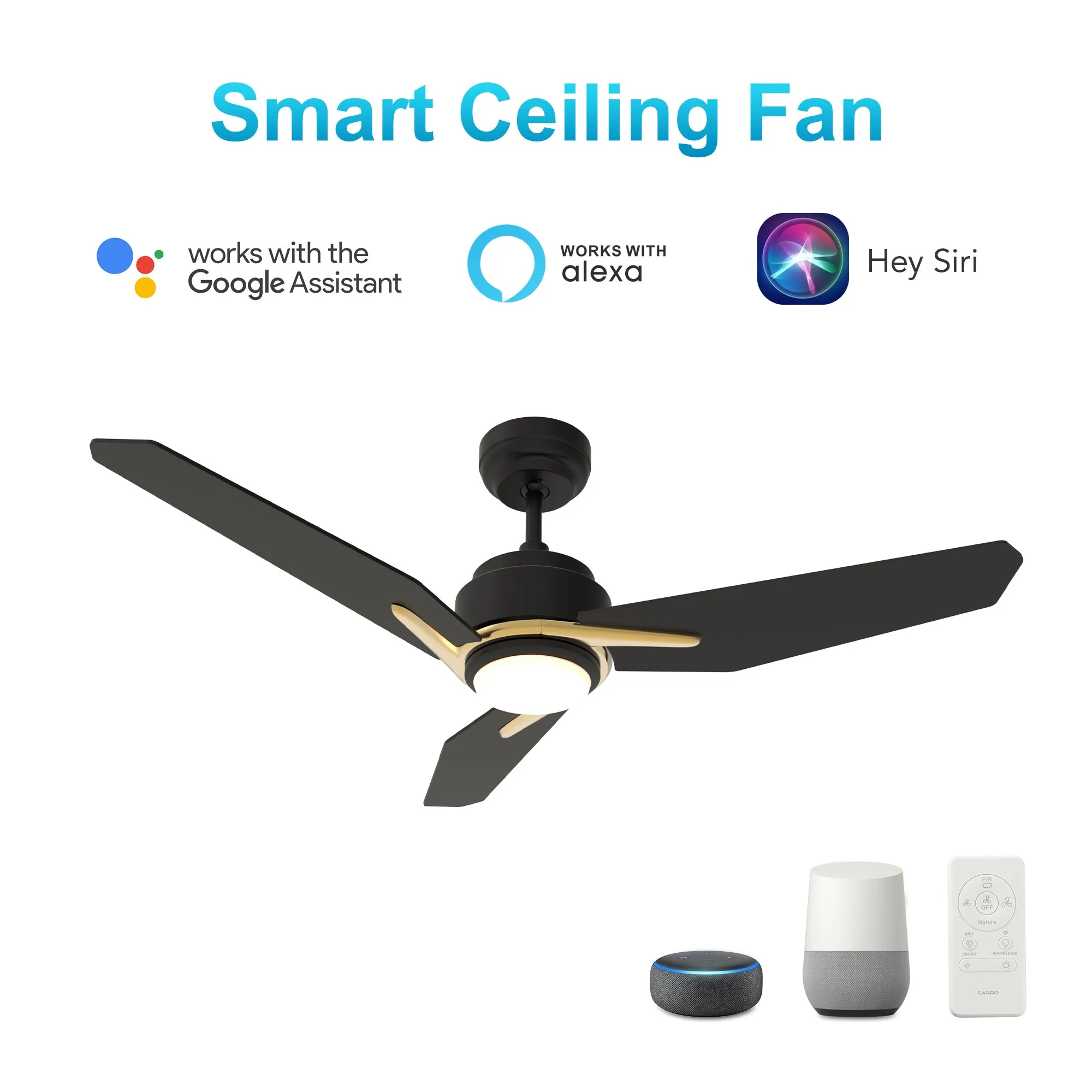 CALEN 48 inch 3-Blade Smart Ceiling Fan with LED Light Kit & Remote Control- Black/Black (Gold Detail)