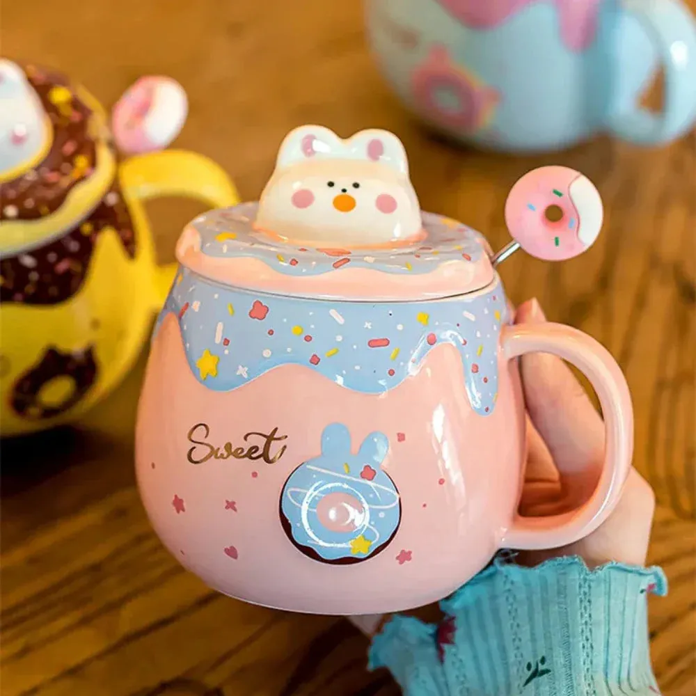 Cartoon Donut Kitten Theme Mug with Lid