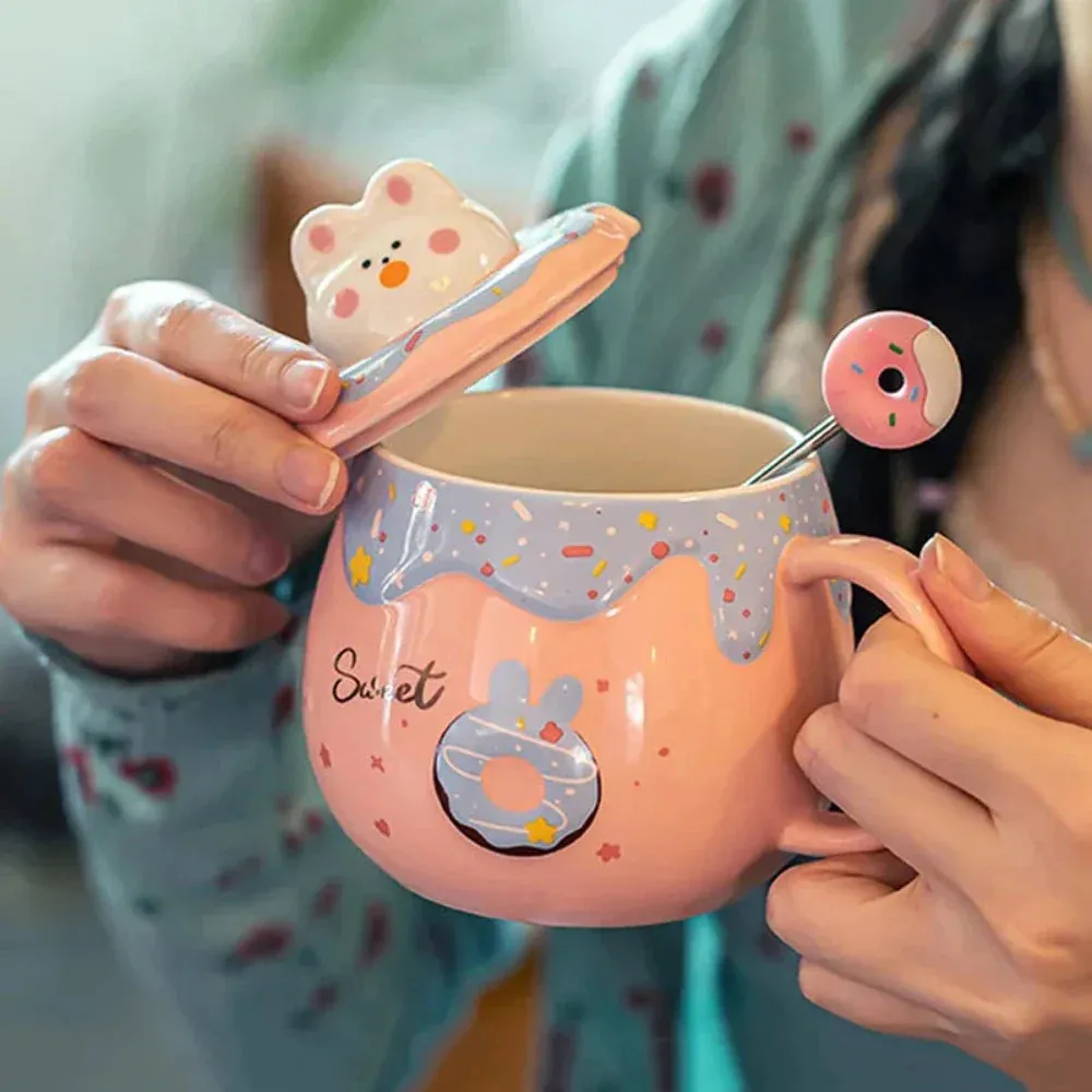 Cartoon Donut Kitten Theme Mug with Lid