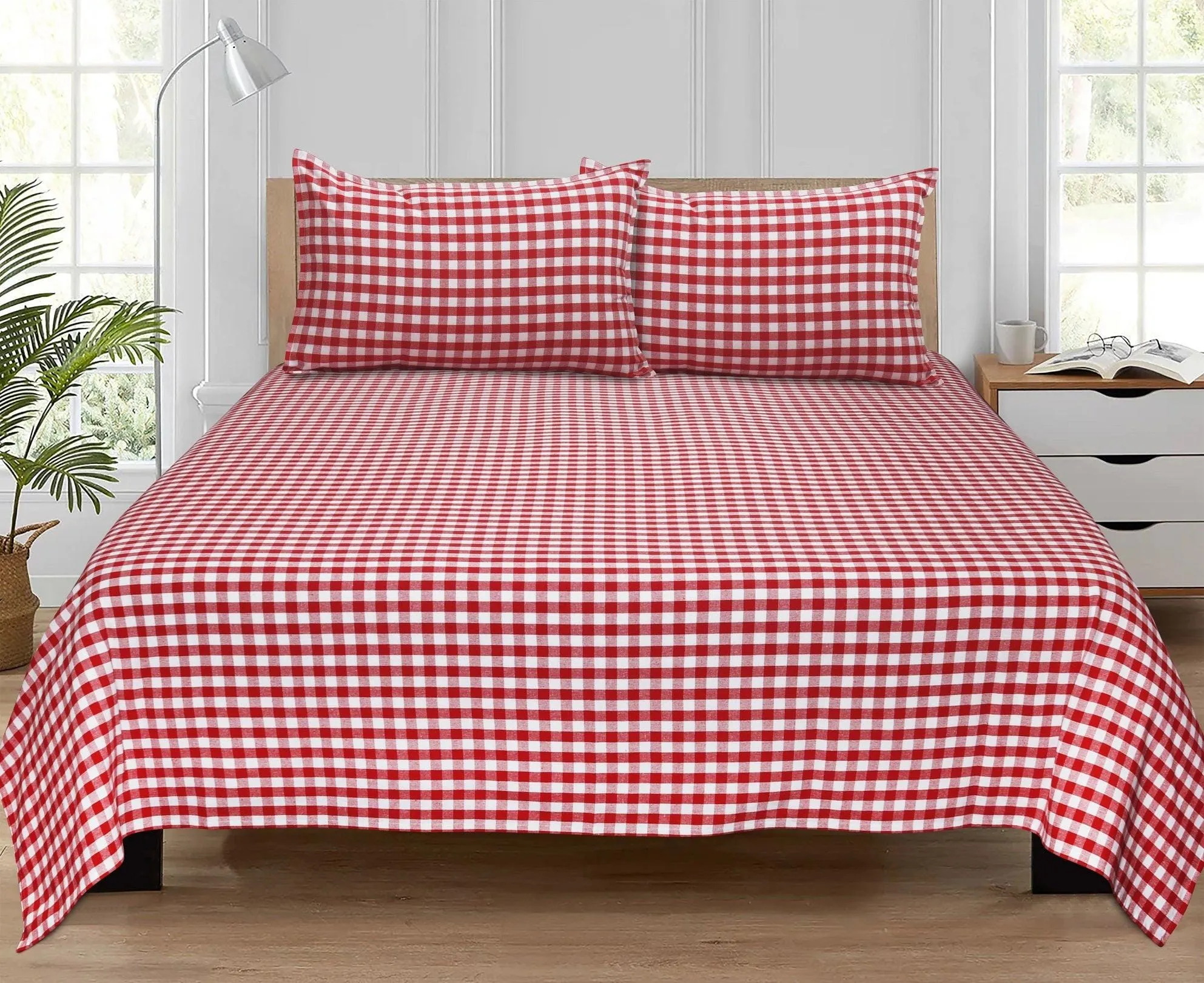 Cotton Checkered Bedsheet with Pillow Covers (Red) - available sizes, Single, Double/Queen, King and Super King