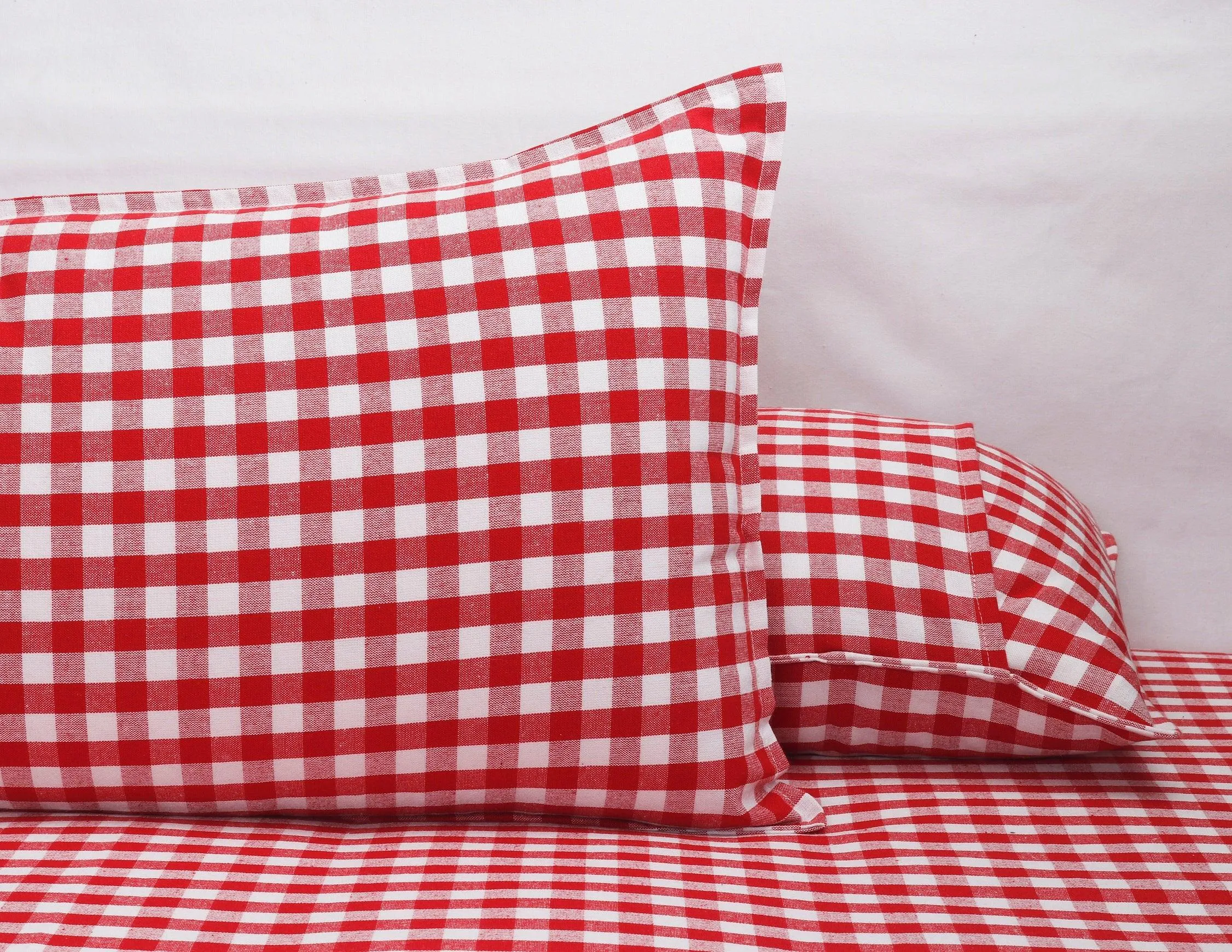 Cotton Checkered Bedsheet with Pillow Covers (Red) - available sizes, Single, Double/Queen, King and Super King