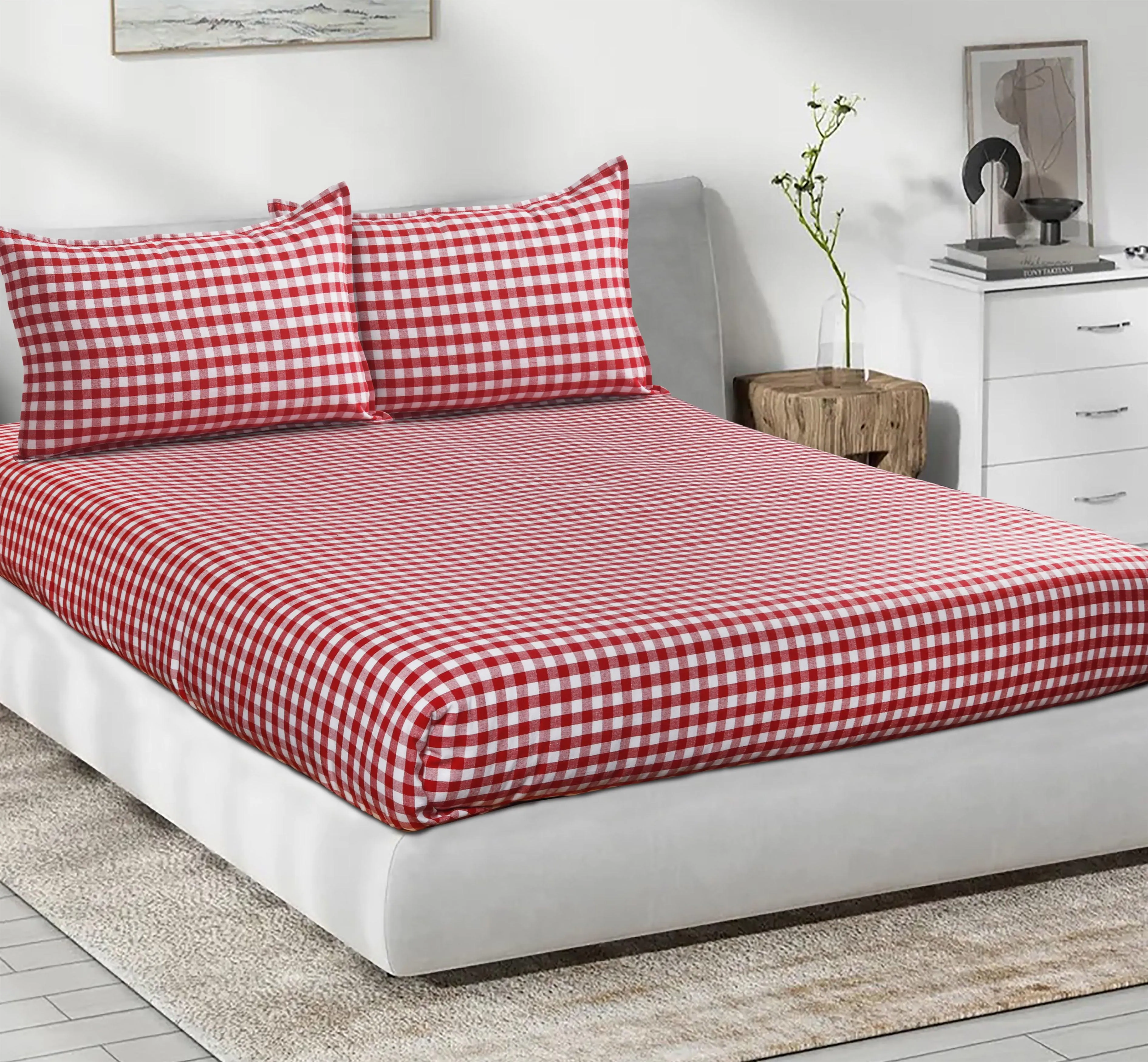 Cotton Checkered Bedsheet with Pillow Covers (Red) - available sizes, Single, Double/Queen, King and Super King