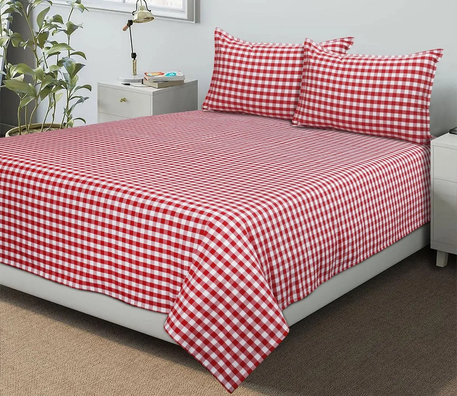 Cotton Checkered Bedsheet with Pillow Covers (Red) - available sizes, Single, Double/Queen, King and Super King