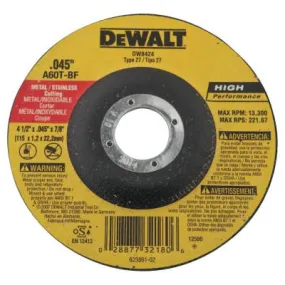 DeWalt® HP T27 Metal Cuttiing Wheel, 4-1/2 in dia, 7/8 in Arbor, 13,300 RPM, DW8424