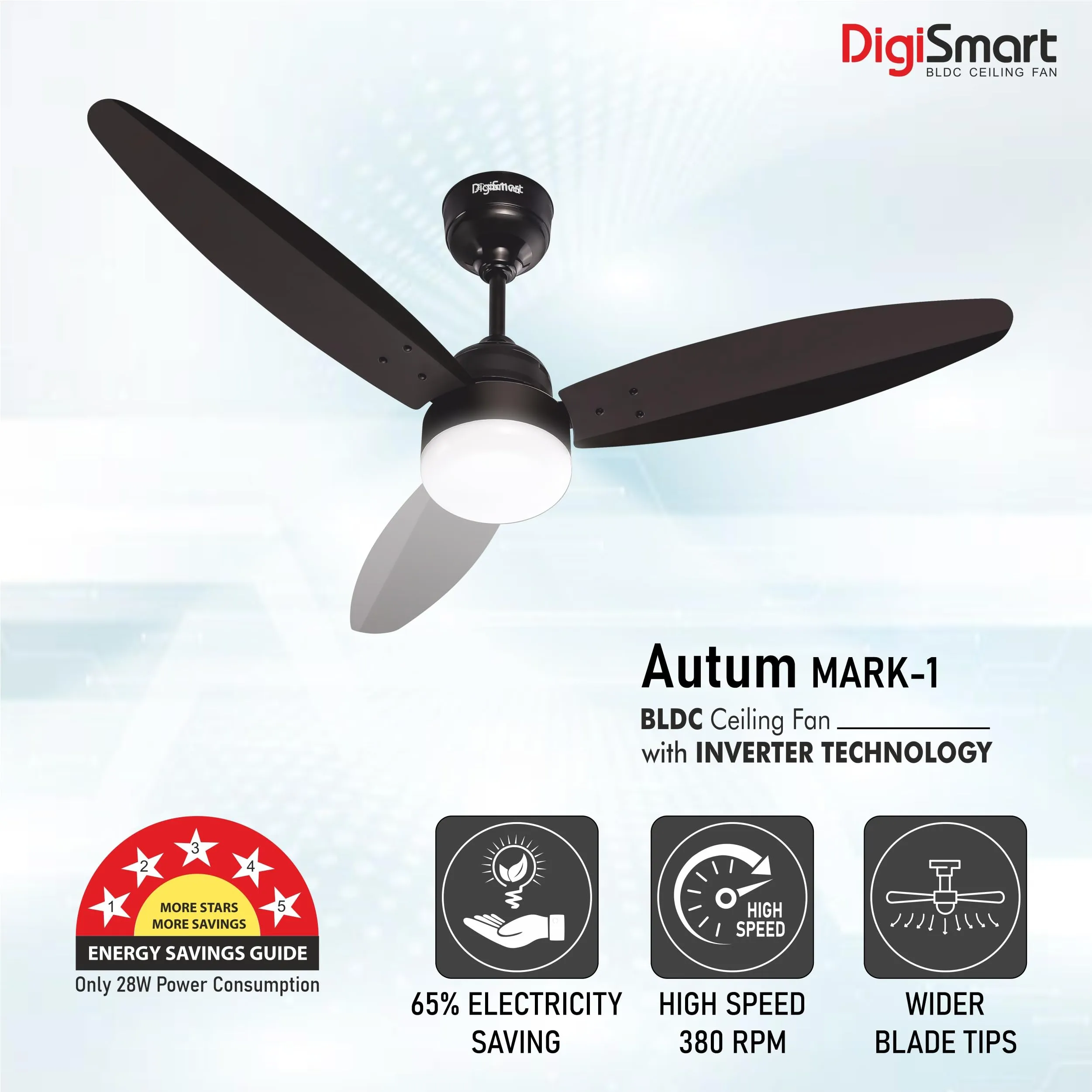 DIGISMART Autum Mark-1 Premium series 1200MM BLDC Motor Fan 28 Watt 5 Star Rated With LED Light |Remote| 3 Blades 380 RPM High Speed Ceiling Fan with 5 Year warranty (Smoke Brown)