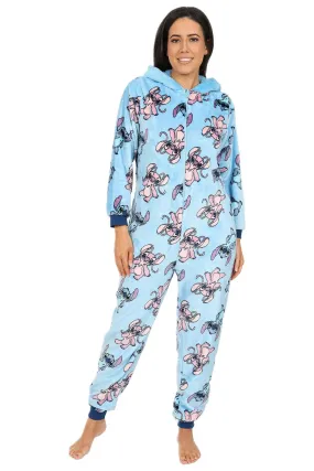 Disney Womens Stitch & Angel Blue Fleece Sleepsuit All in One