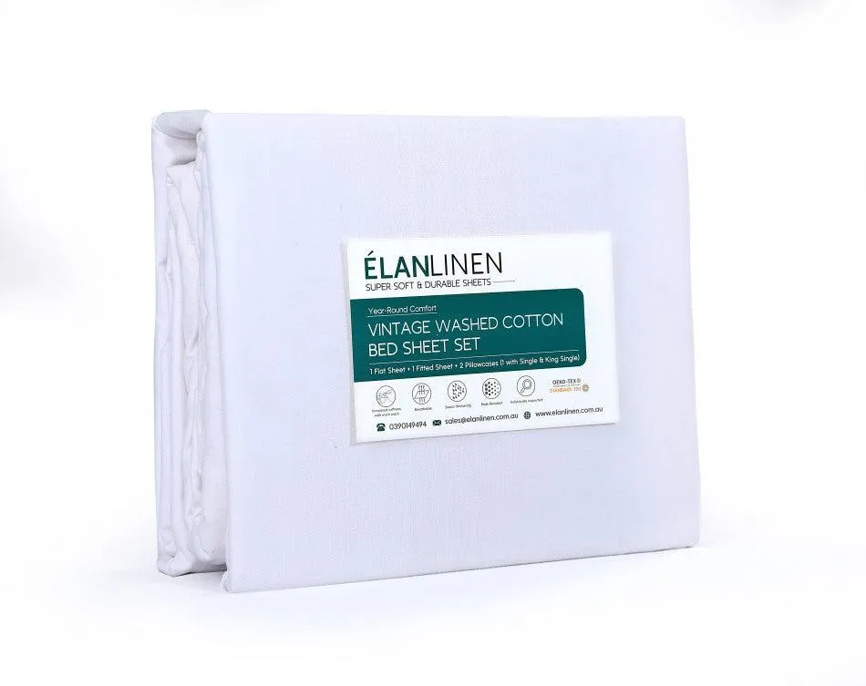 Elan Linen 100% Egyptian Cotton Vintage Washed 500TC White King Single Bed Sheets Set