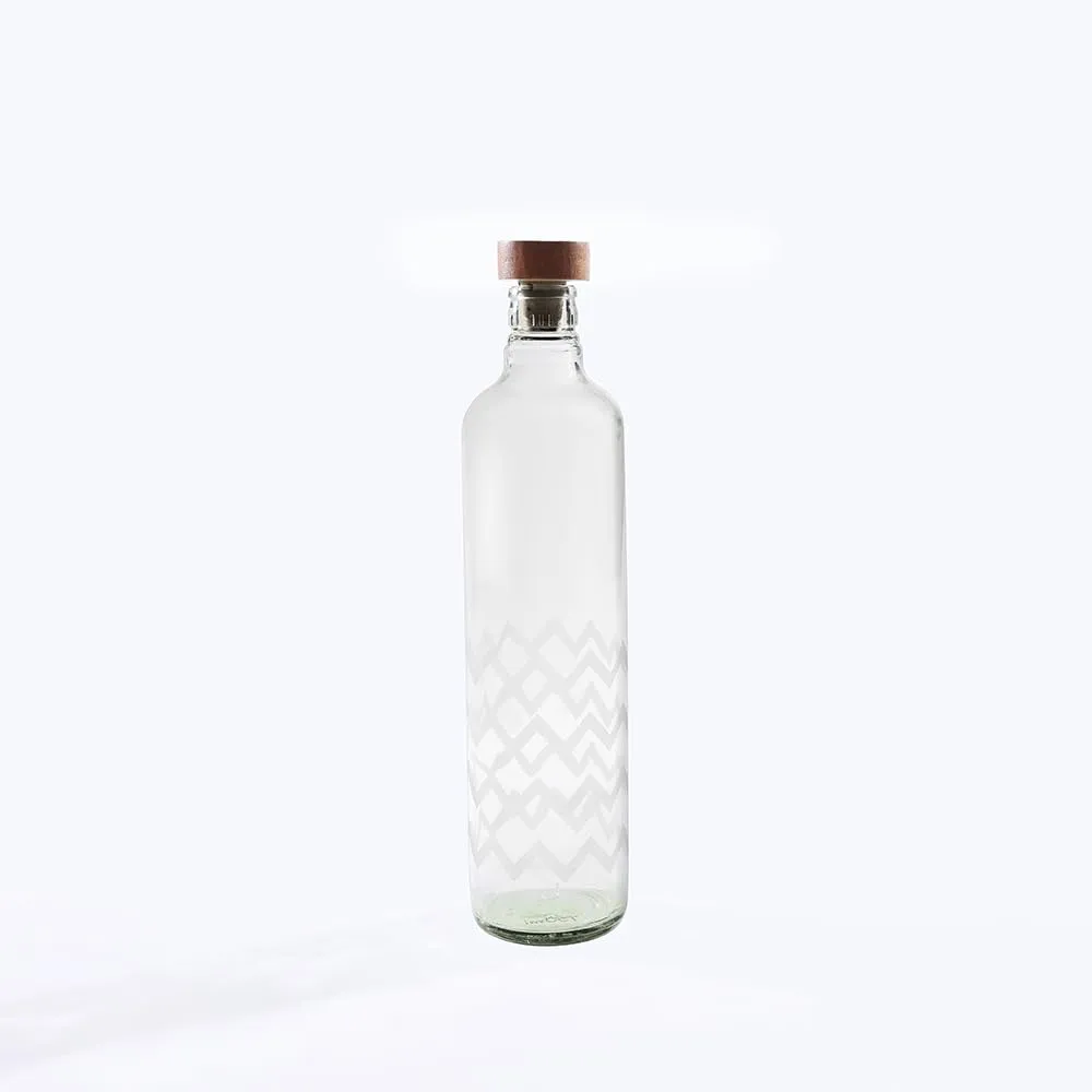 Ellementry Frosted Chevron Glass Bottle with Wooden Stopper (750 ML)- Leak Proof & BPA Free | Bottle for Water, Milk, Juice & Cocktail | Transparent Fridge Bottles for Home Decor & Office (Pack Of 3)