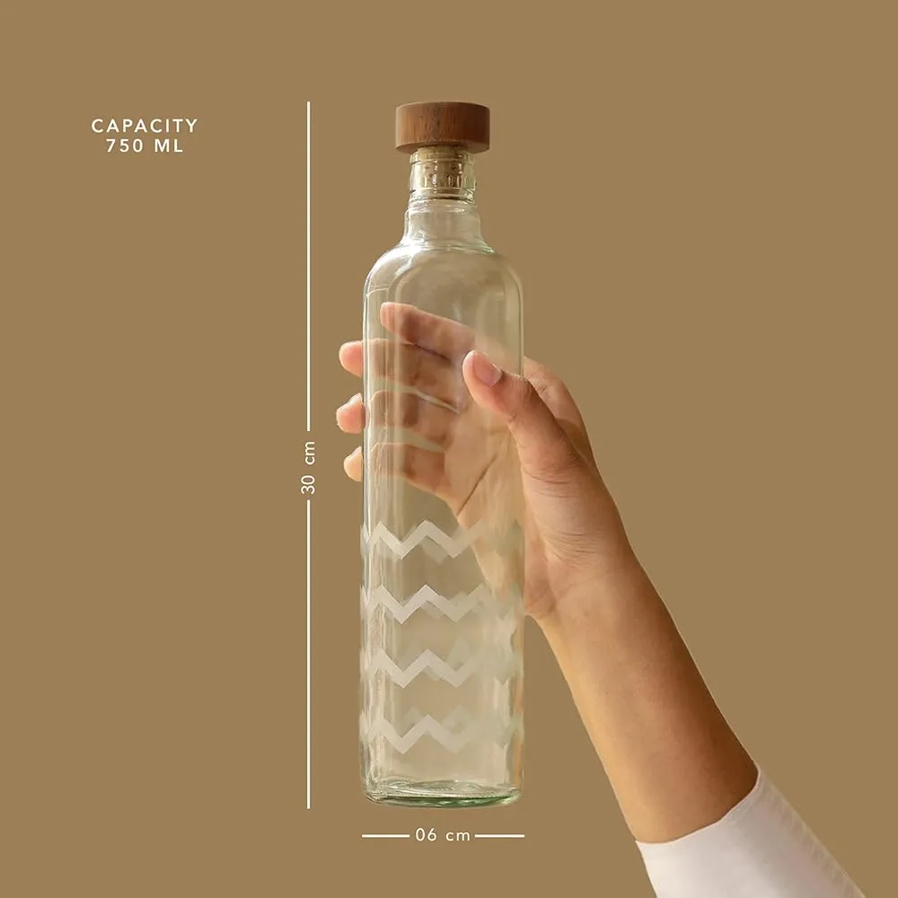 Ellementry Frosted Chevron Glass Bottle with Wooden Stopper (750 ML)- Leak Proof & BPA Free | Bottle for Water, Milk, Juice & Cocktail | Transparent Fridge Bottles for Home Decor & Office (Pack Of 3)