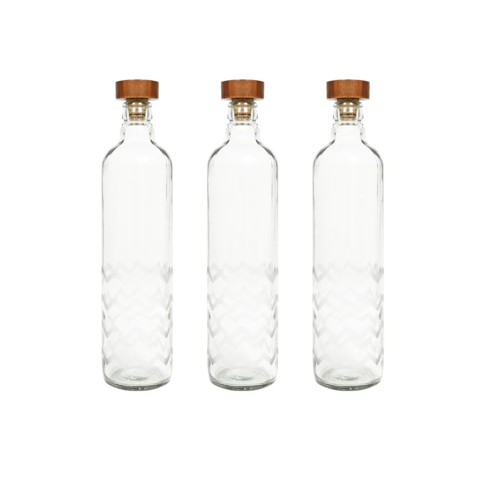 Ellementry Frosted Chevron Glass Bottle with Wooden Stopper (750 ML)- Leak Proof & BPA Free | Bottle for Water, Milk, Juice & Cocktail | Transparent Fridge Bottles for Home Decor & Office (Pack Of 3)