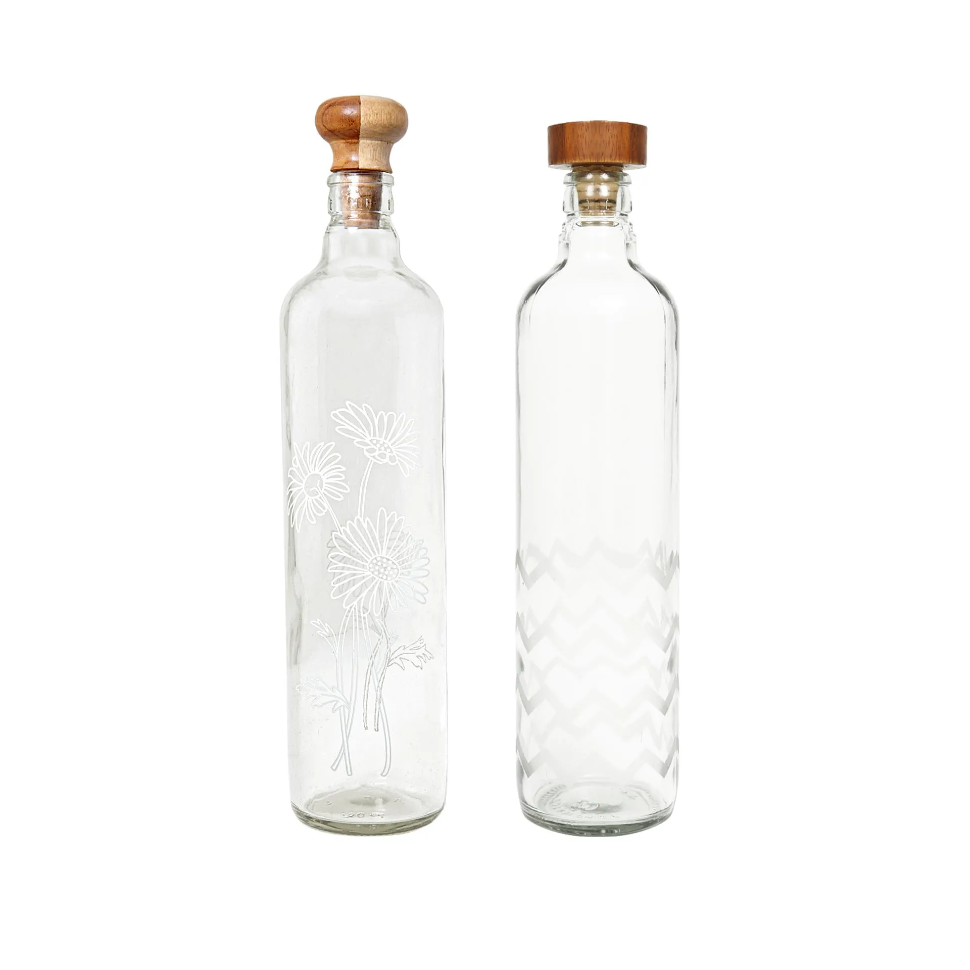 Ellementry glass water bottle 750 ml | Set of 2 - daisy and frosted chevron | Clear | Water Bottle | Milk Bottle | Juice Bottle | Cocktail Bottle | Handcrafted | Sustainable | Food Safe | Cultural Revival | Fusion |