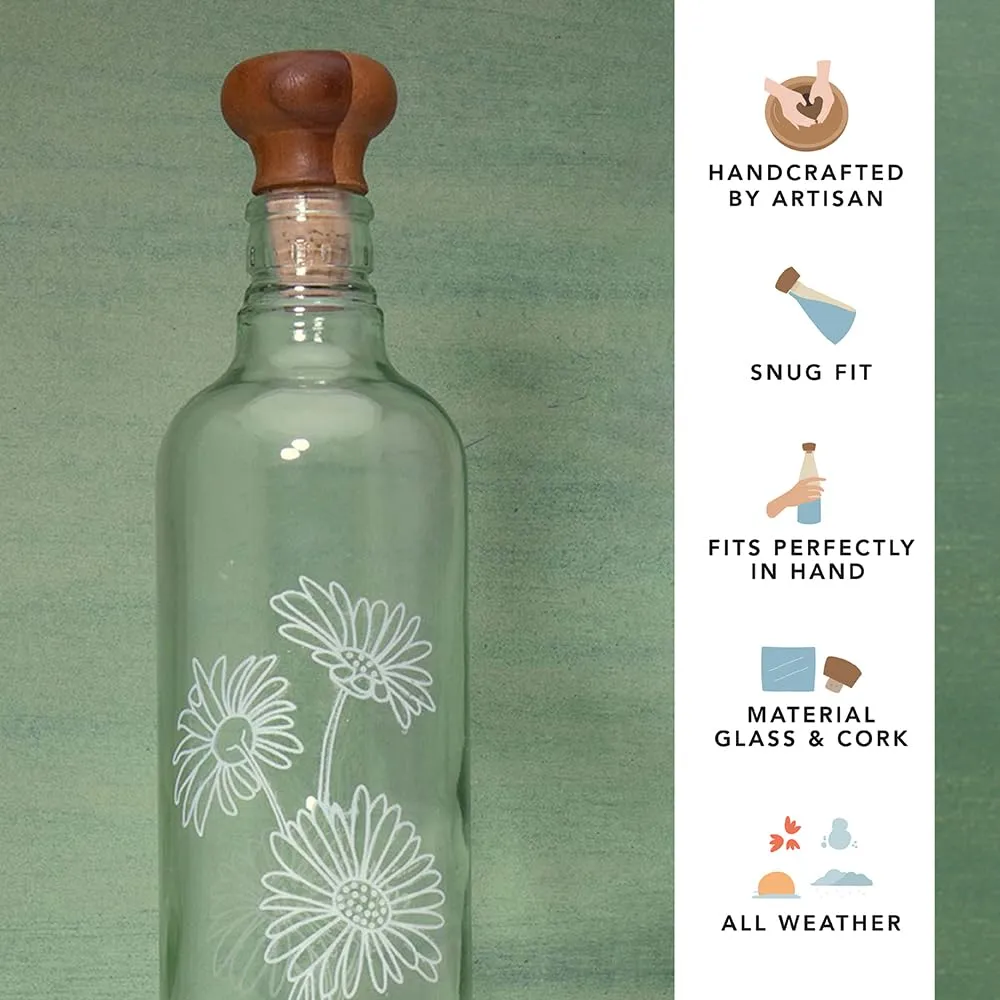 Ellementry glass water bottle 750 ml | Set of 2 - daisy and frosted chevron | Clear | Water Bottle | Milk Bottle | Juice Bottle | Cocktail Bottle | Handcrafted | Sustainable | Food Safe | Cultural Revival | Fusion |