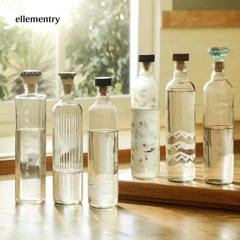 Ellementry glass water bottle 750 ml | Set of 2 - daisy and frosted chevron | Clear | Water Bottle | Milk Bottle | Juice Bottle | Cocktail Bottle | Handcrafted | Sustainable | Food Safe | Cultural Revival | Fusion |