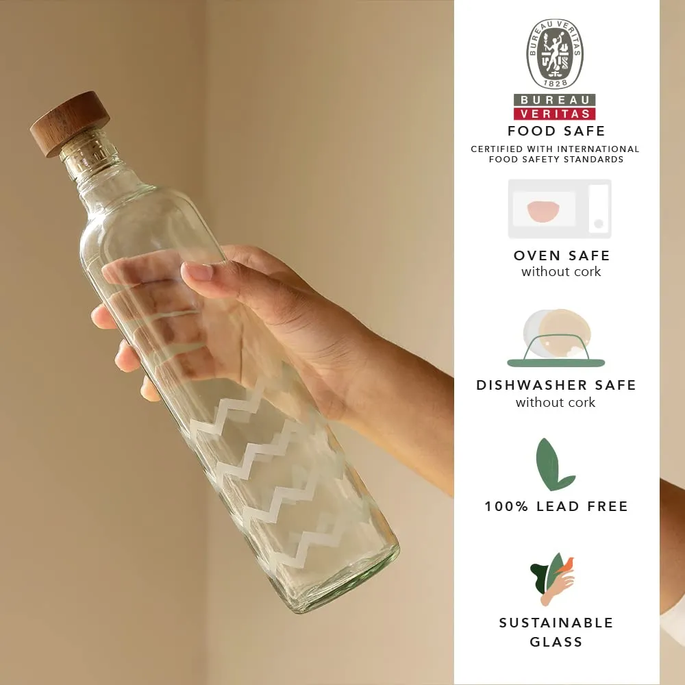 Ellementry glass water bottle 750 ml | Set of 2 - daisy and frosted chevron | Clear | Water Bottle | Milk Bottle | Juice Bottle | Cocktail Bottle | Handcrafted | Sustainable | Food Safe | Cultural Revival | Fusion |