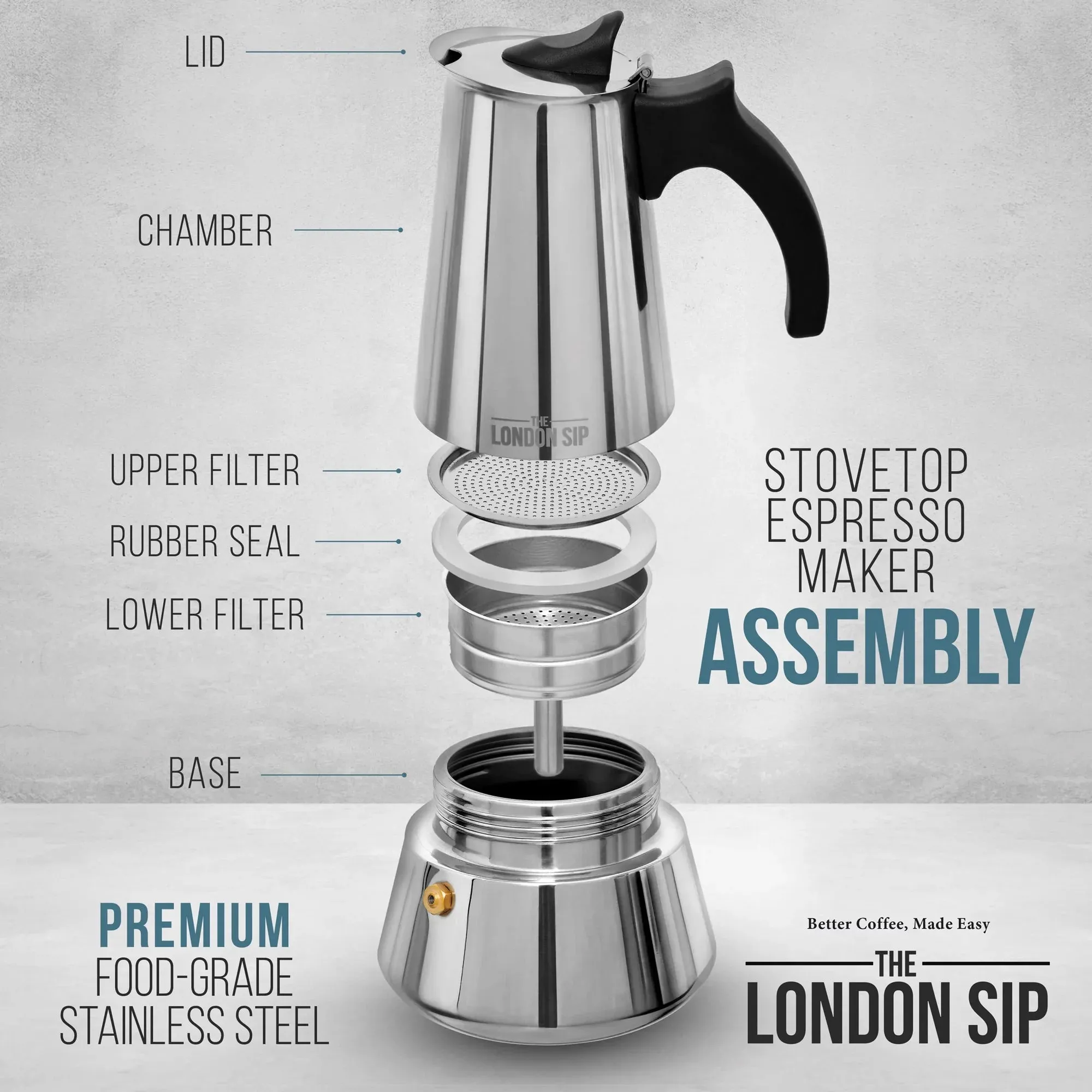 Escali London Sip Stainless Steel Stovetop Espresso Maker 10C