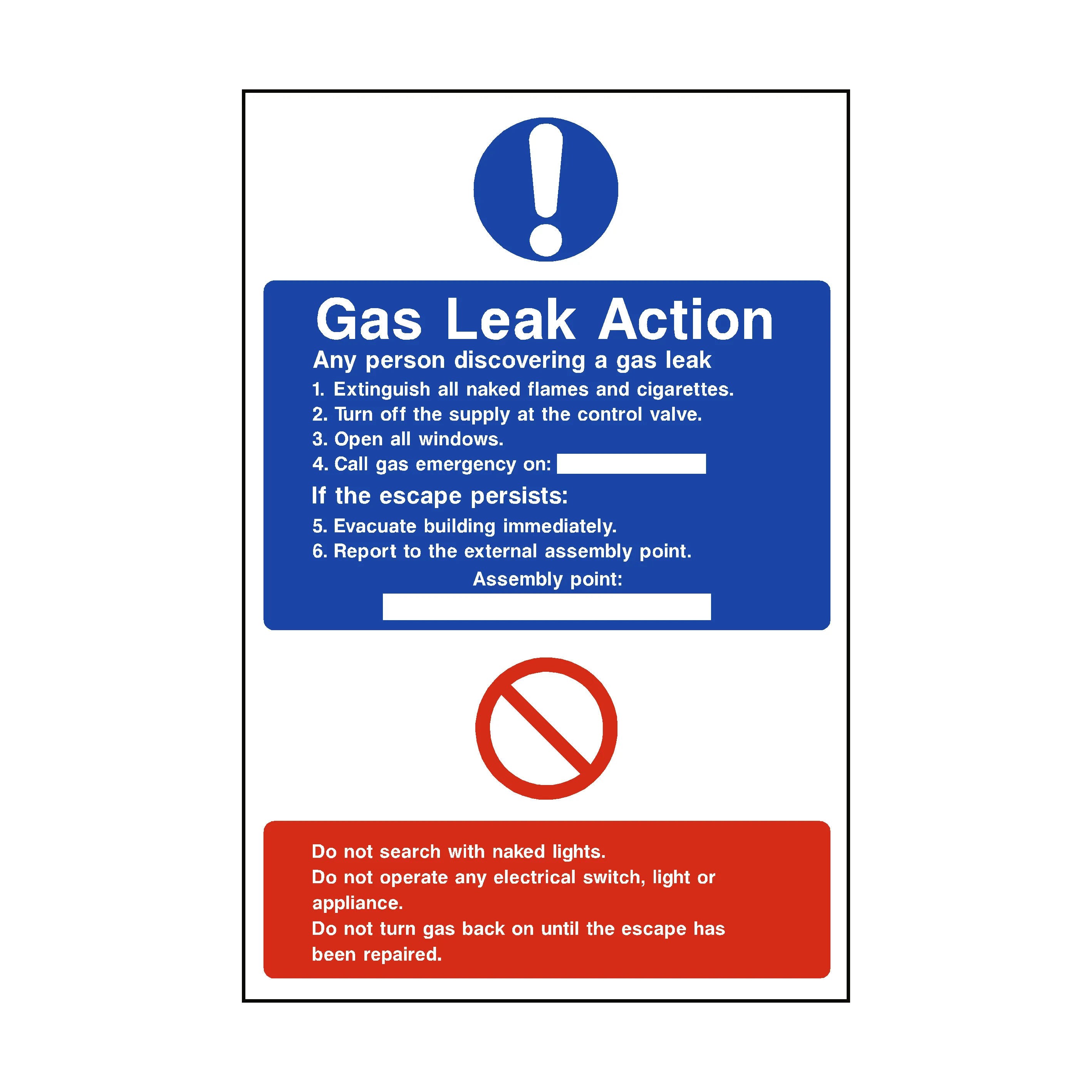 Fire Action Gas Leak Sticker