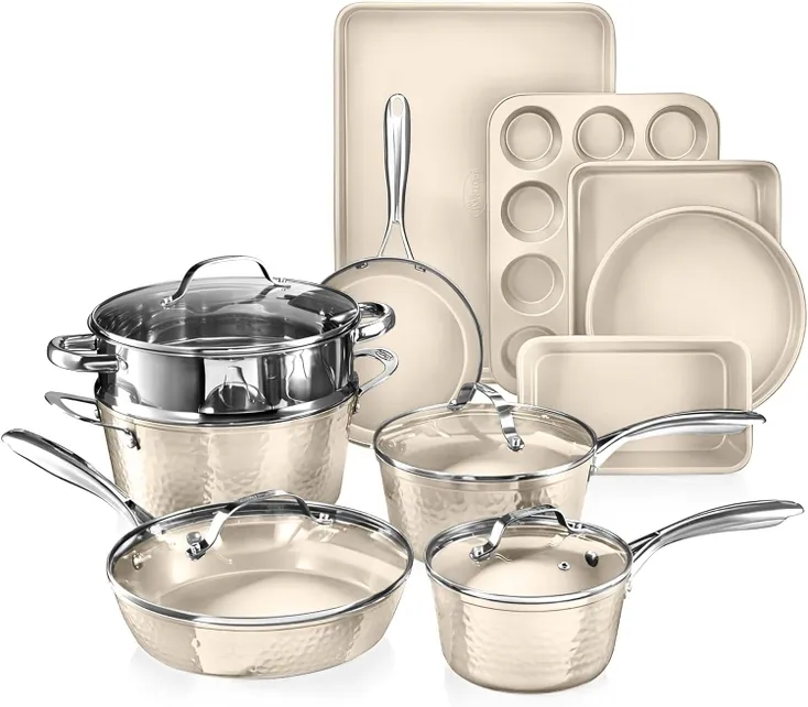 Gotham Steel Hammered Cream 15 Piece Cookware Set   Bakeware