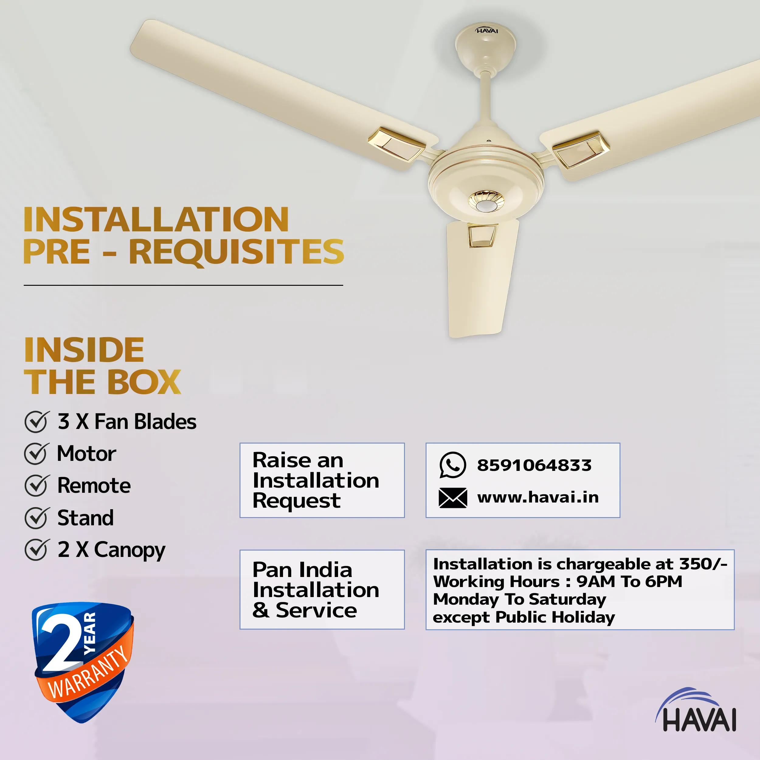 HAVAI Spinel BLDC Ceiling Fan 28W, 1200mm Blade with Remote - Ivory, Leaf Deco