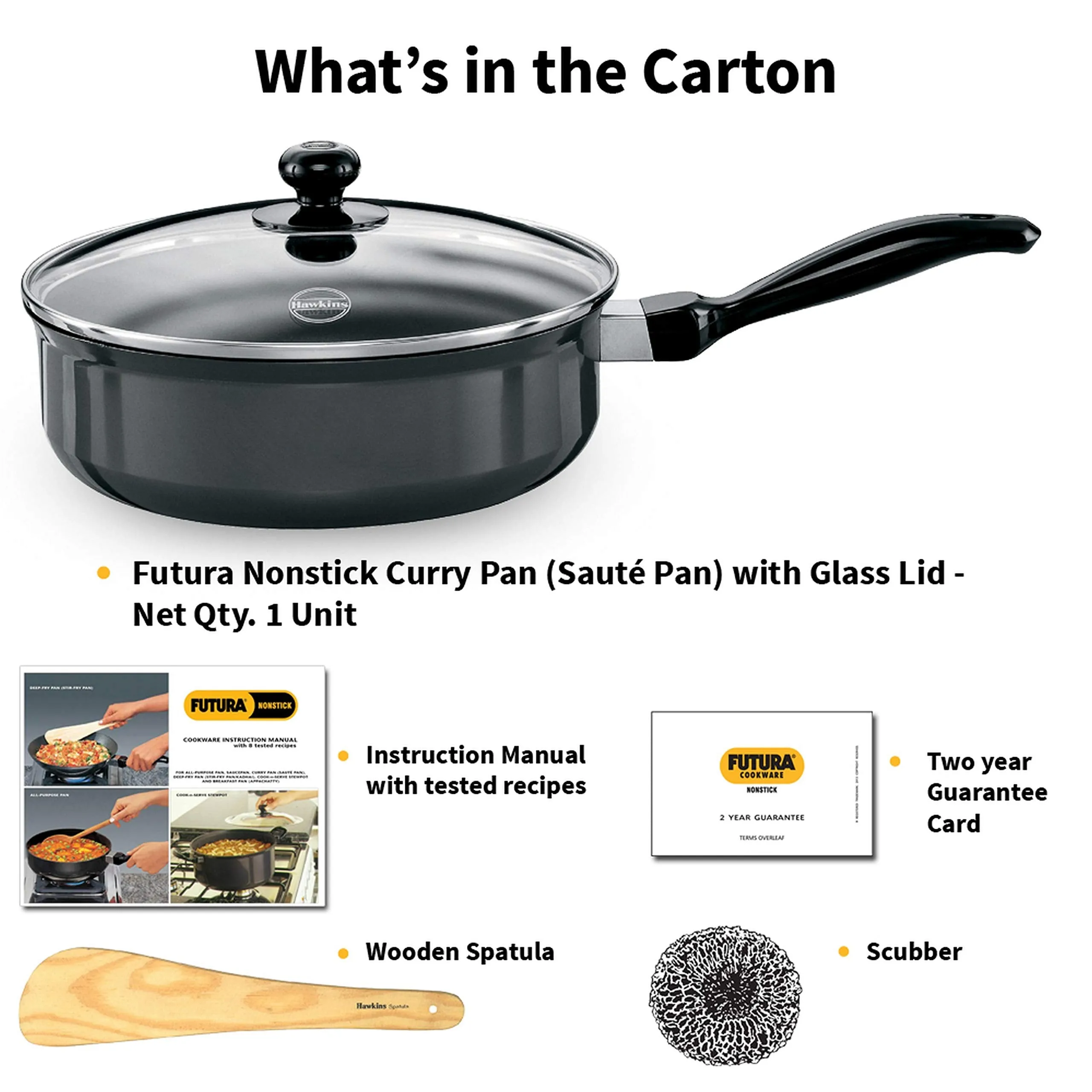 Hawkins Futura 3.25 Litre Curry Pan, Non Stick Saute Pan with Glass Lid, Deep Pan for Frying, Black (NCP325G)