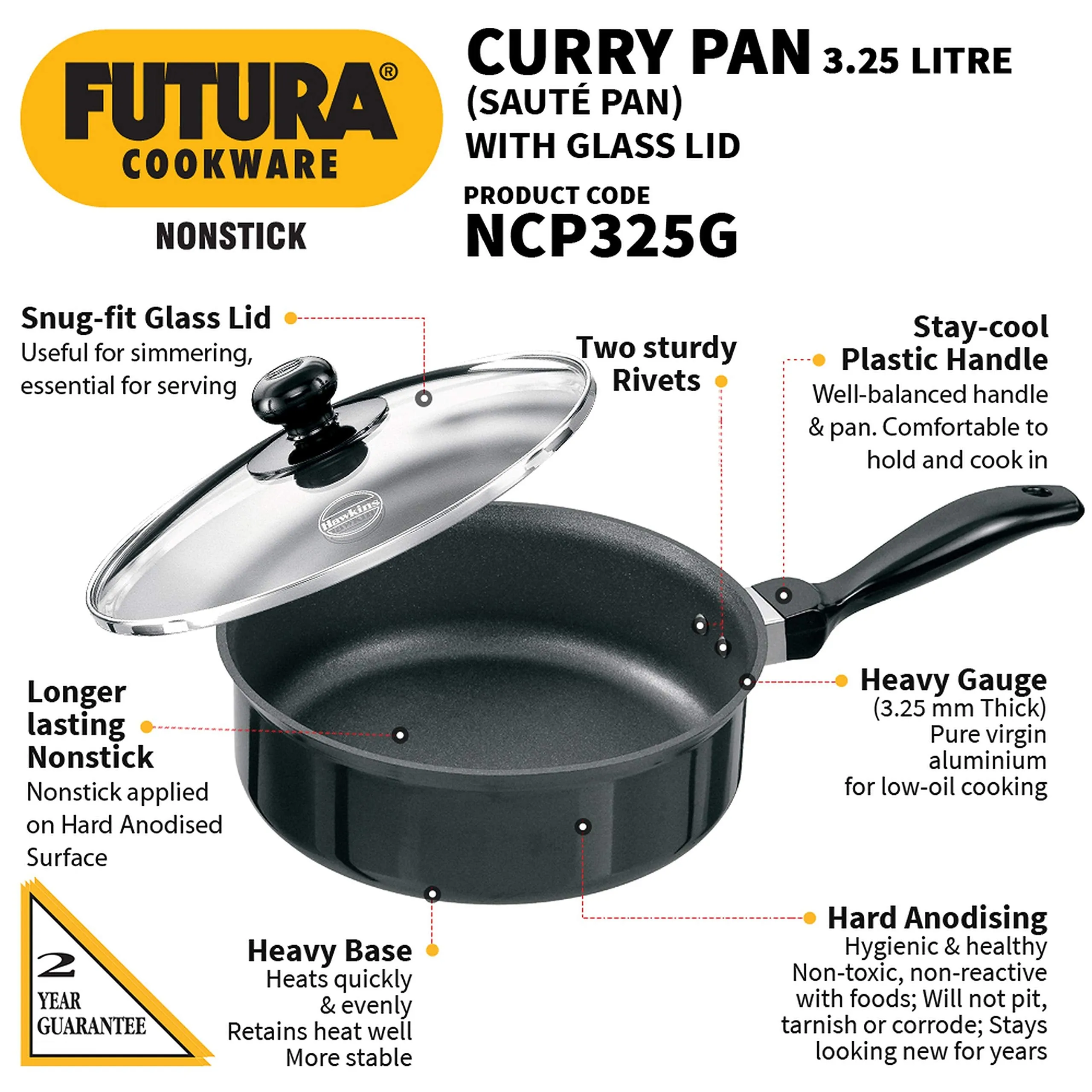 Hawkins Futura 3.25 Litre Curry Pan, Non Stick Saute Pan with Glass Lid, Deep Pan for Frying, Black (NCP325G)