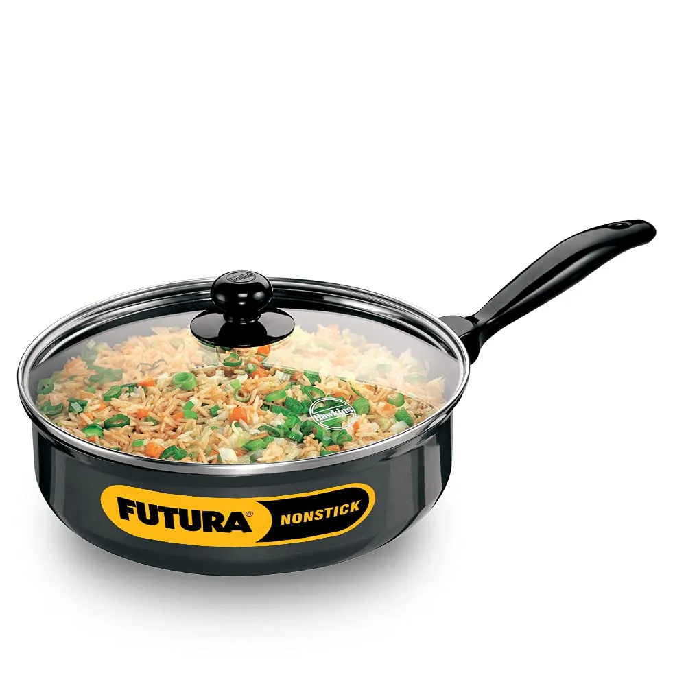 Hawkins Futura 3.25 Litre Curry Pan, Non Stick Saute Pan with Glass Lid, Deep Pan for Frying, Black (NCP325G)