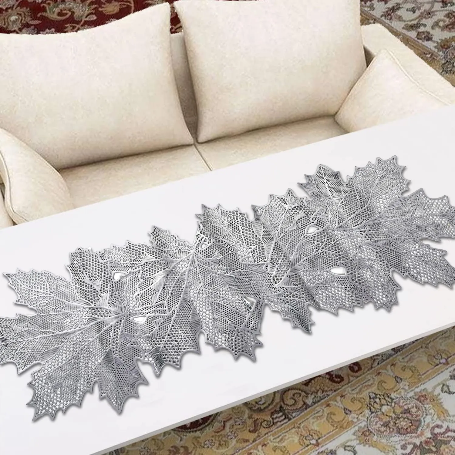 Heart Home Leaf Design Waterproof, Heat Resistant, Non-Slip, Easy to Clean Soft Leather Table Runner for Dining Table (Silver)-HS43HEARTH26602