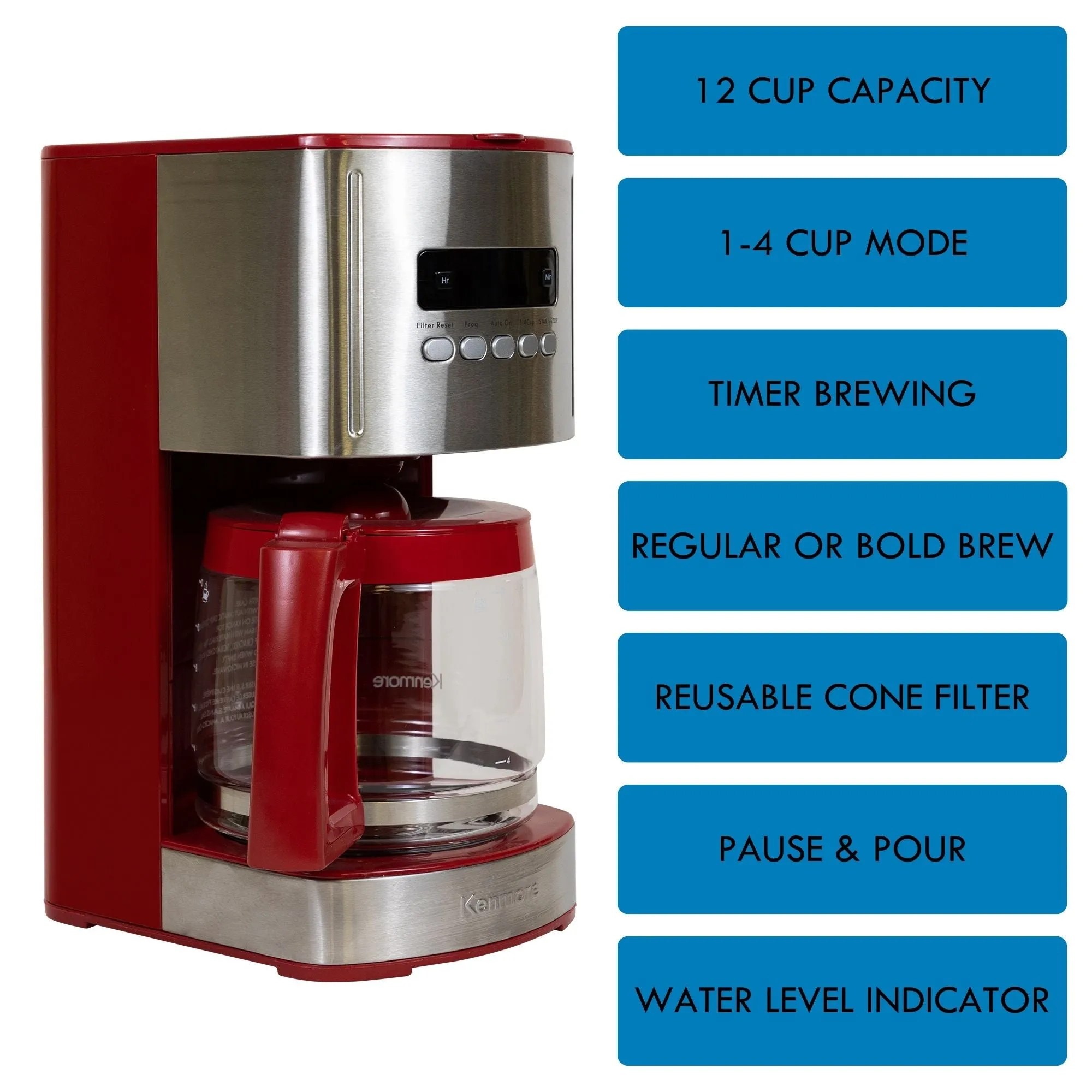 Kenmore Aroma Control 12-Cup Programmable Coffee Maker, Red and Stainless Steel Drip Coffee Machine, Glass Carafe, Reusable Filter, Timer, Digital Display Charcoal Water Filter, Regular or Bold