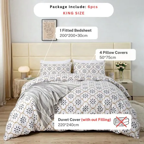 King size 6 piece duvet cover set modern tile print bedding set white.