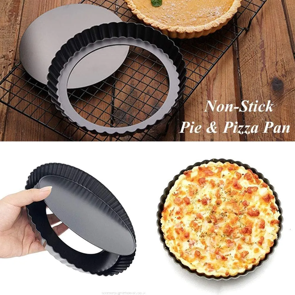 Kuber Industries Pie and Pizza Pan with Removeable Bottom|Carbon Steel Tart Pan-Pack of 2 (Black)