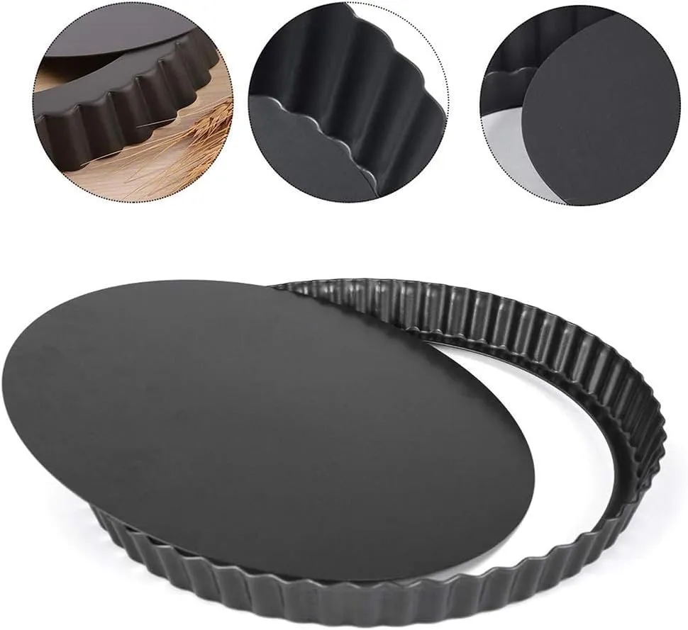 Kuber Industries Pie and Pizza Pan with Removeable Bottom|Carbon Steel Tart Pan-Pack of 2 (Black)