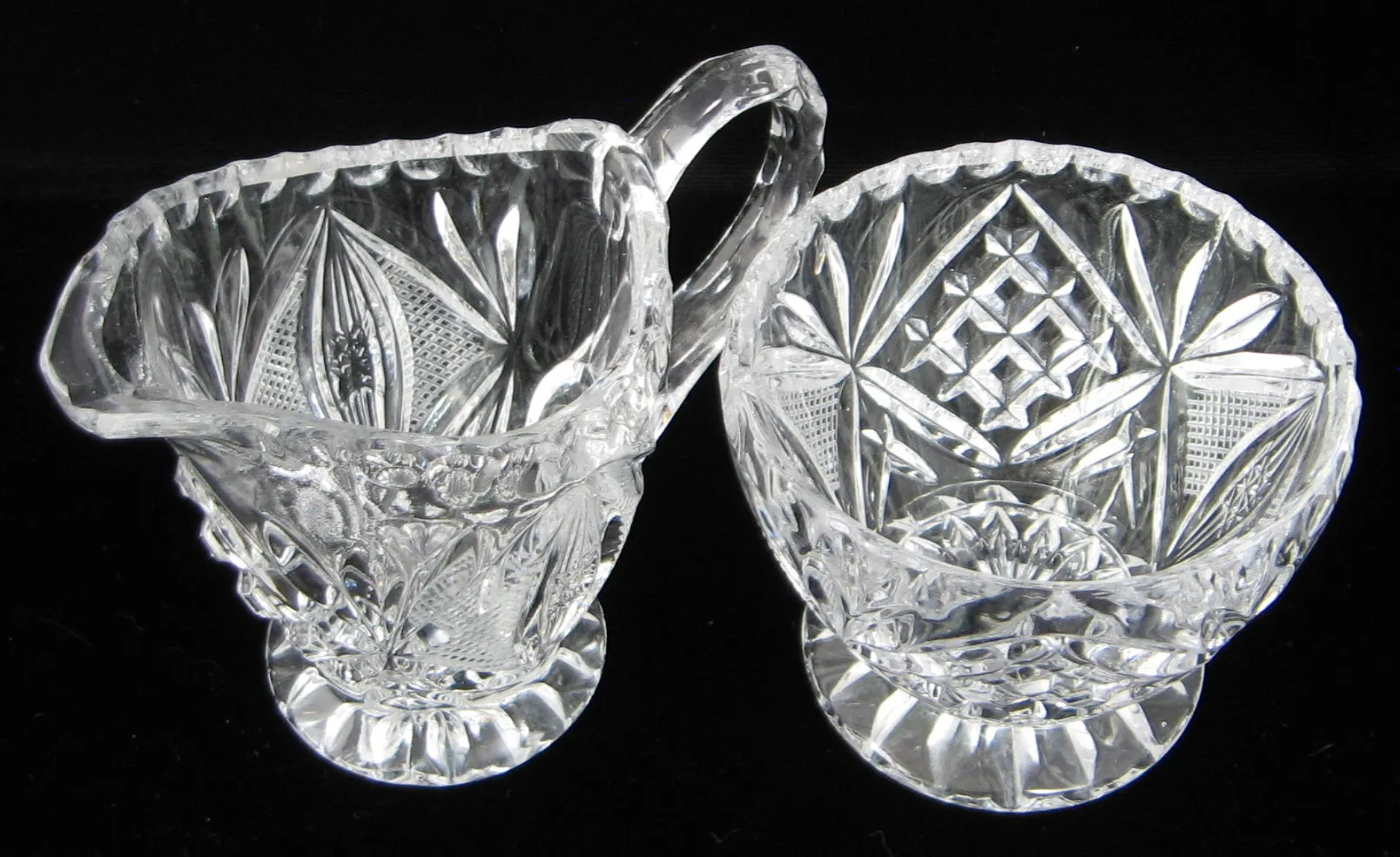 Lead Crystal Cream And Sugar Mitre Cut Fans Silver Point 1970s Sugar And Creamer