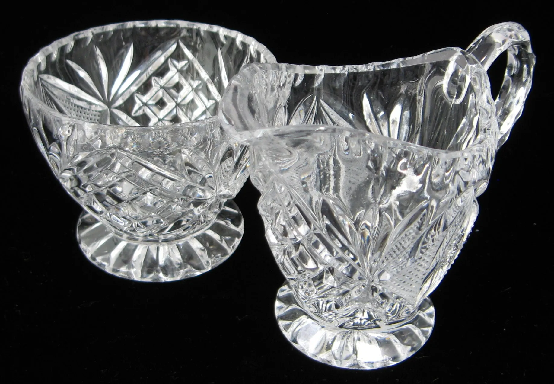 Lead Crystal Cream And Sugar Mitre Cut Fans Silver Point 1970s Sugar And Creamer