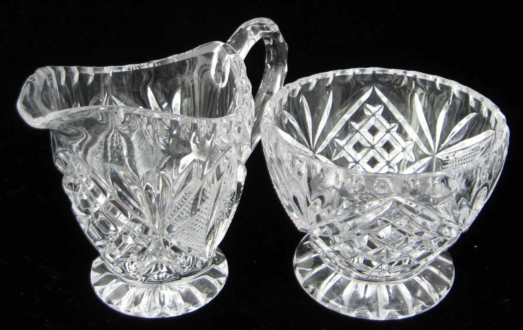 Lead Crystal Cream And Sugar Mitre Cut Fans Silver Point 1970s Sugar And Creamer