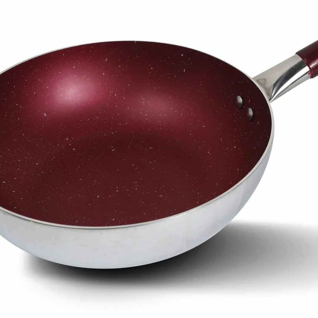 Maroon Mirror Polish Steno Deep Wok Frying Pan inside Marble Coat