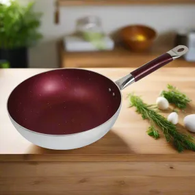 Maroon Mirror Polish Steno Deep Wok Frying Pan inside Marble Coat