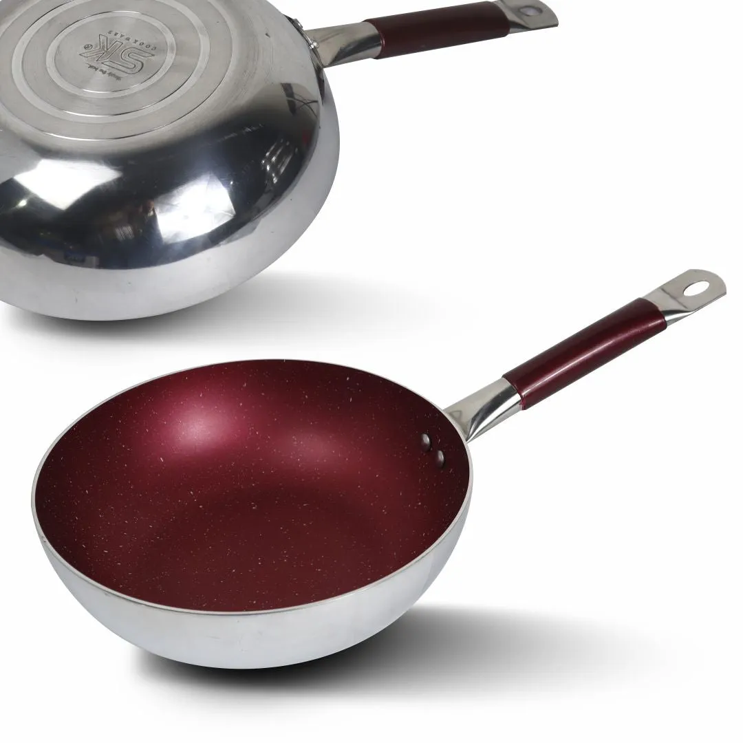 Maroon Mirror Polish Steno Deep Wok Frying Pan inside Marble Coat