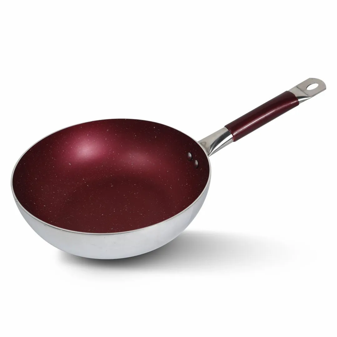 Maroon Mirror Polish Steno Deep Wok Frying Pan inside Marble Coat